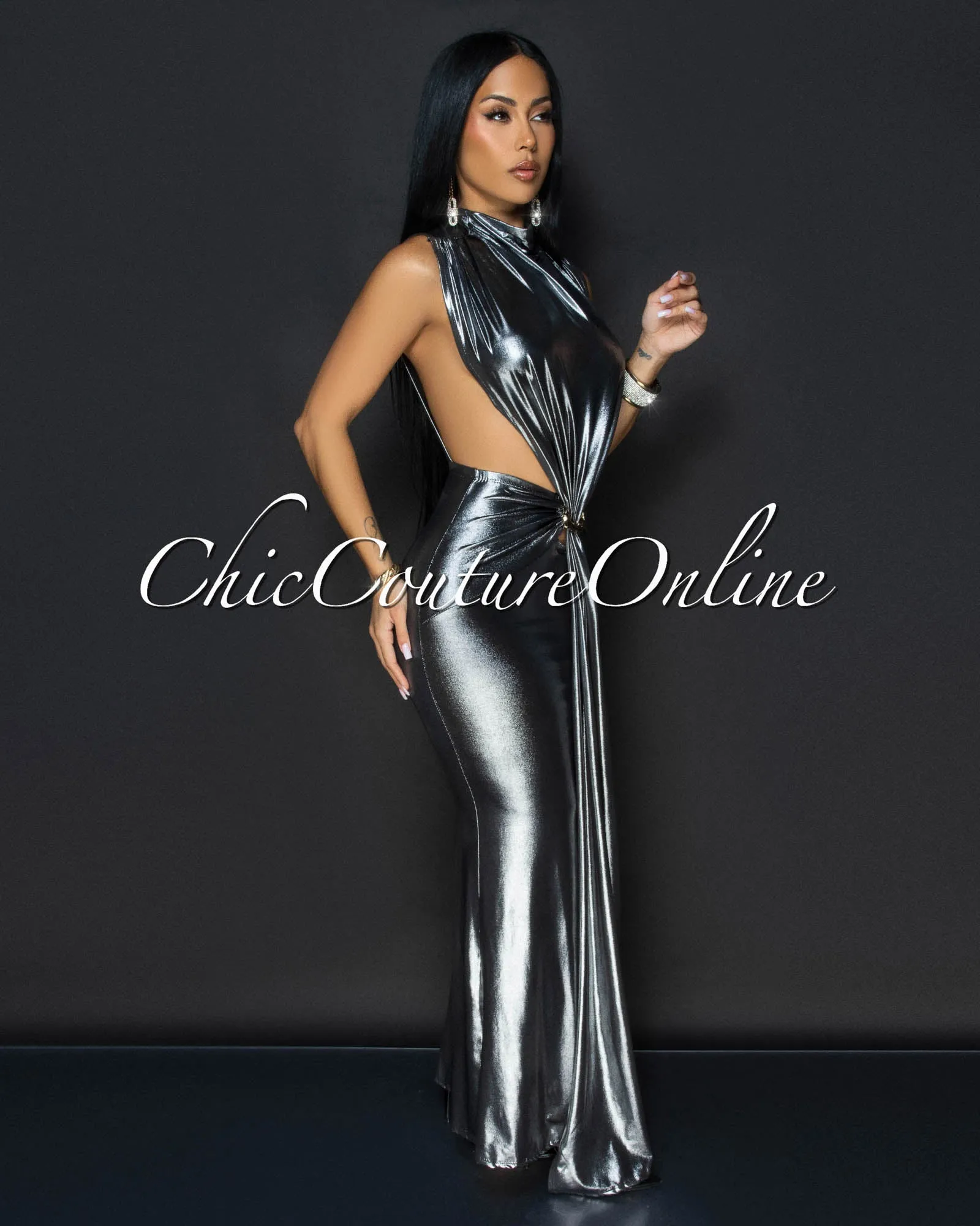 Avaline Pewter Shimmer Open Sides Maxi Dress sold by Chic Couture product image thumbnail 3