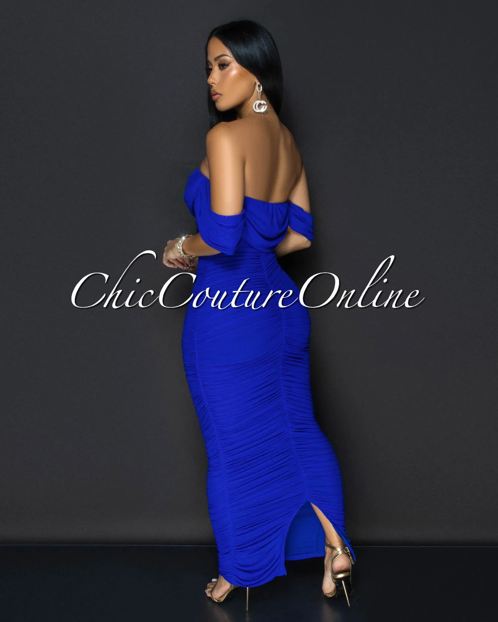 Vella Royal-Blue Mesh Overlay Ruched Off-The Shoulder Dress sold by Chic Couture product image thumbnail 4
