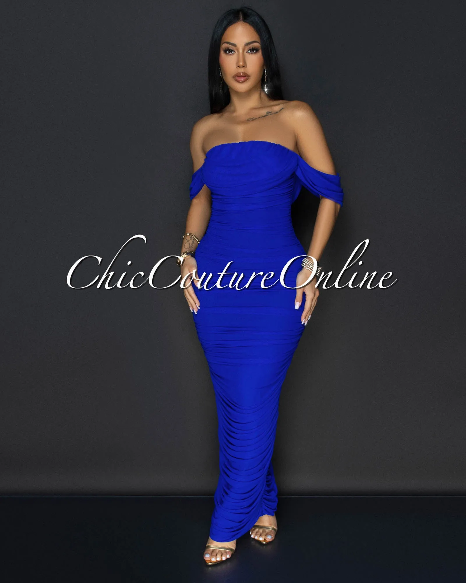 Vella Royal-Blue Mesh Overlay Ruched Off-The Shoulder Dress sold by Chic Couture product image thumbnail 2