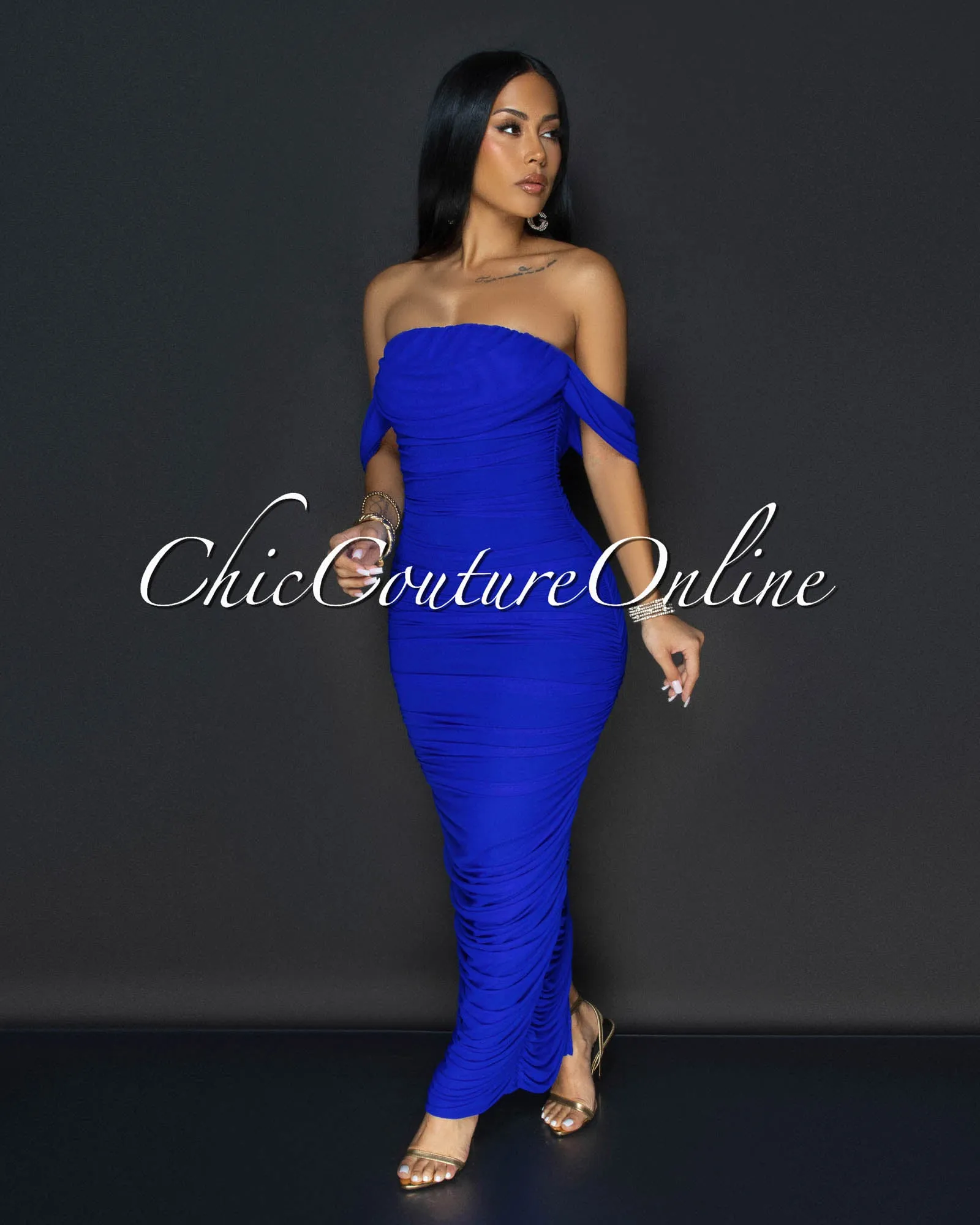 Vella Royal-Blue Mesh Overlay Ruched Off-The Shoulder Dress sold by Chic Couture product image thumbnail 3