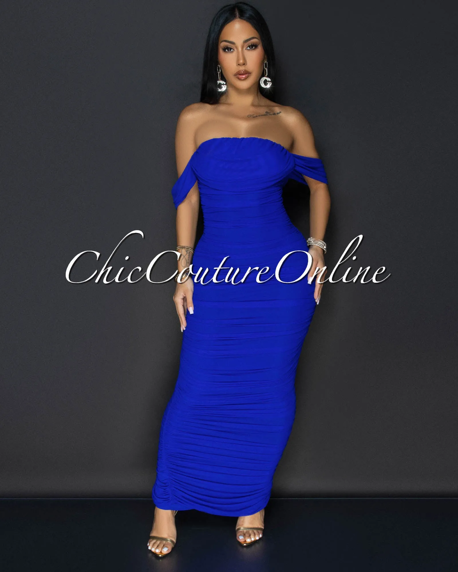 Vella Royal-Blue Mesh Overlay Ruched Off-The Shoulder Dress sold by Chic Couture
