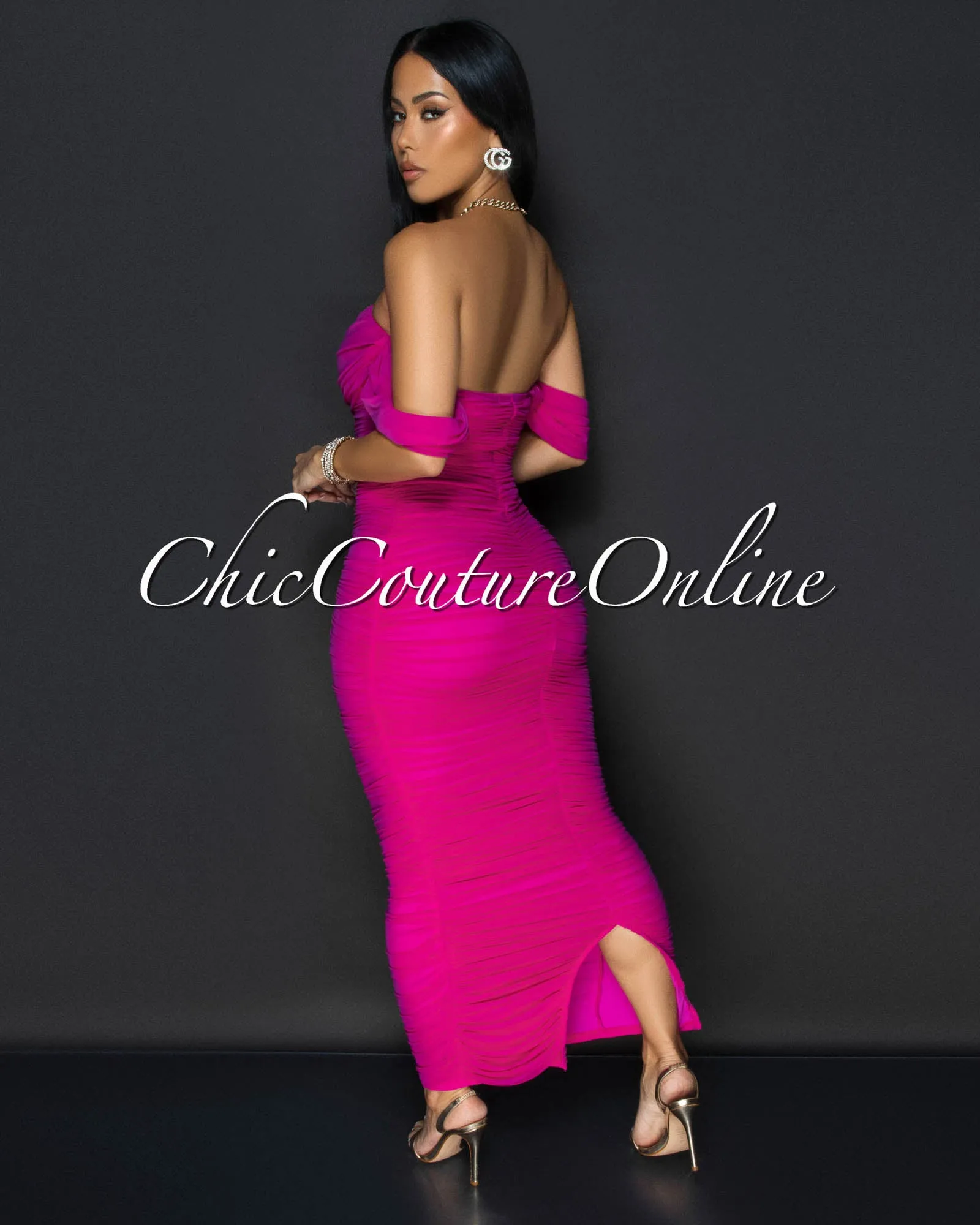 Vella Magenta Mesh Overlay Ruched Off-The Shoulder Dress sold by Chic Couture product image thumbnail 4