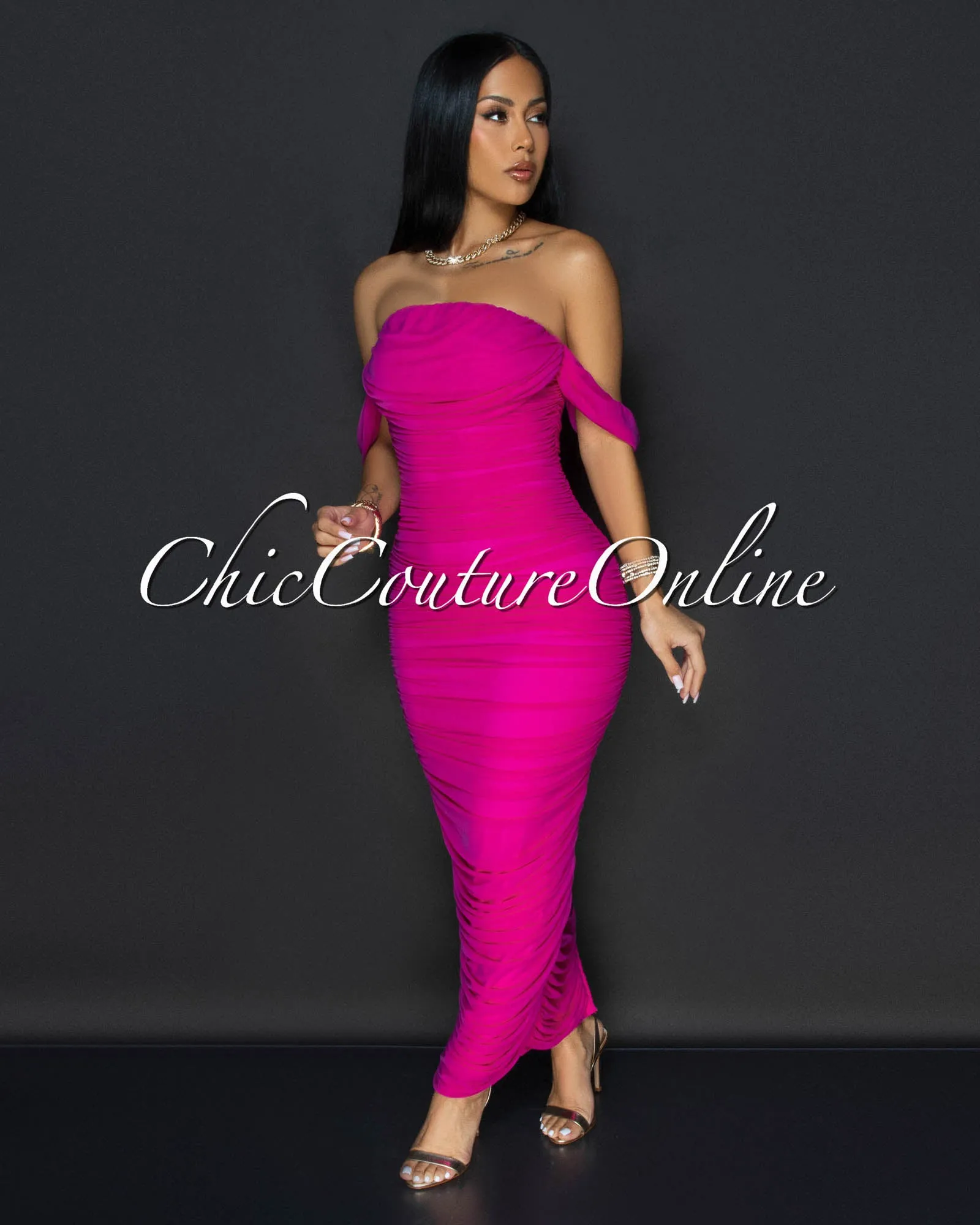 Vella Magenta Mesh Overlay Ruched Off-The Shoulder Dress sold by Chic Couture product image thumbnail 3