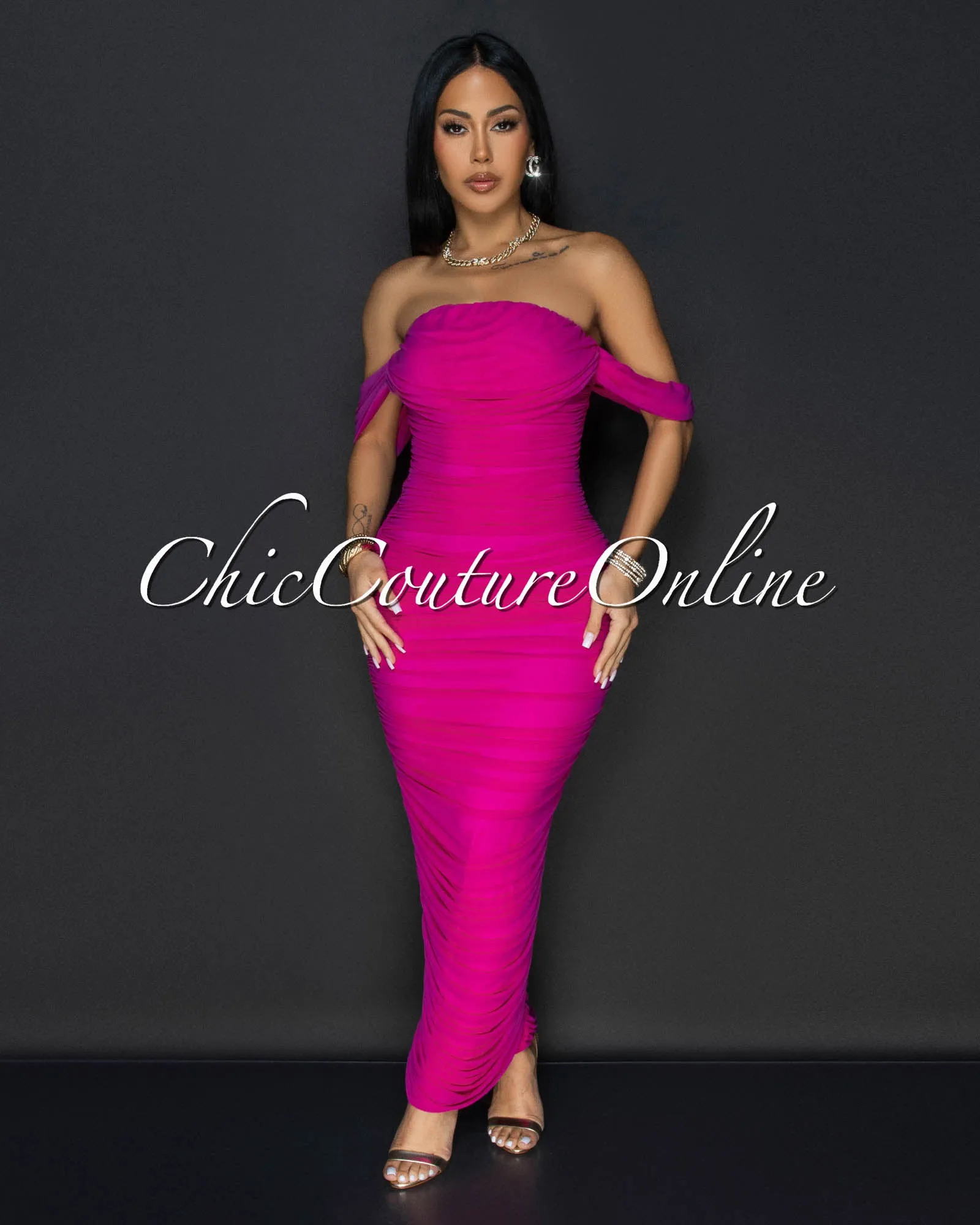 Vella Magenta Mesh Overlay Ruched Off-The Shoulder Dress sold by Chic Couture product image thumbnail 2