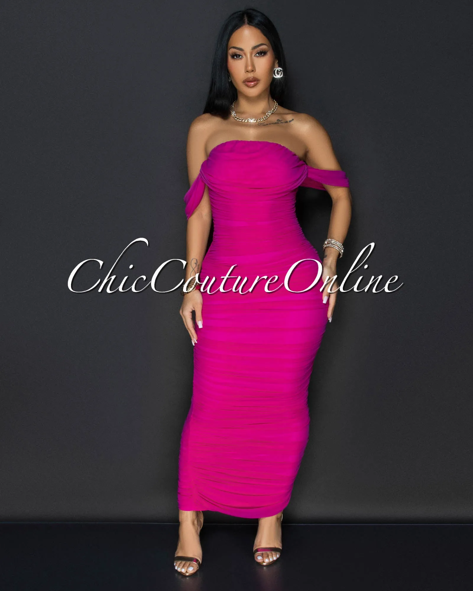Vella Magenta Mesh Overlay Ruched Off-The Shoulder Dress sold by Chic Couture
