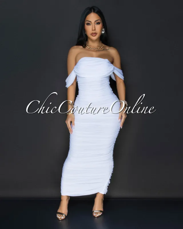 Vella White Mesh Overlay Ruched Off-The Shoulder Dress sold by Chic Couture