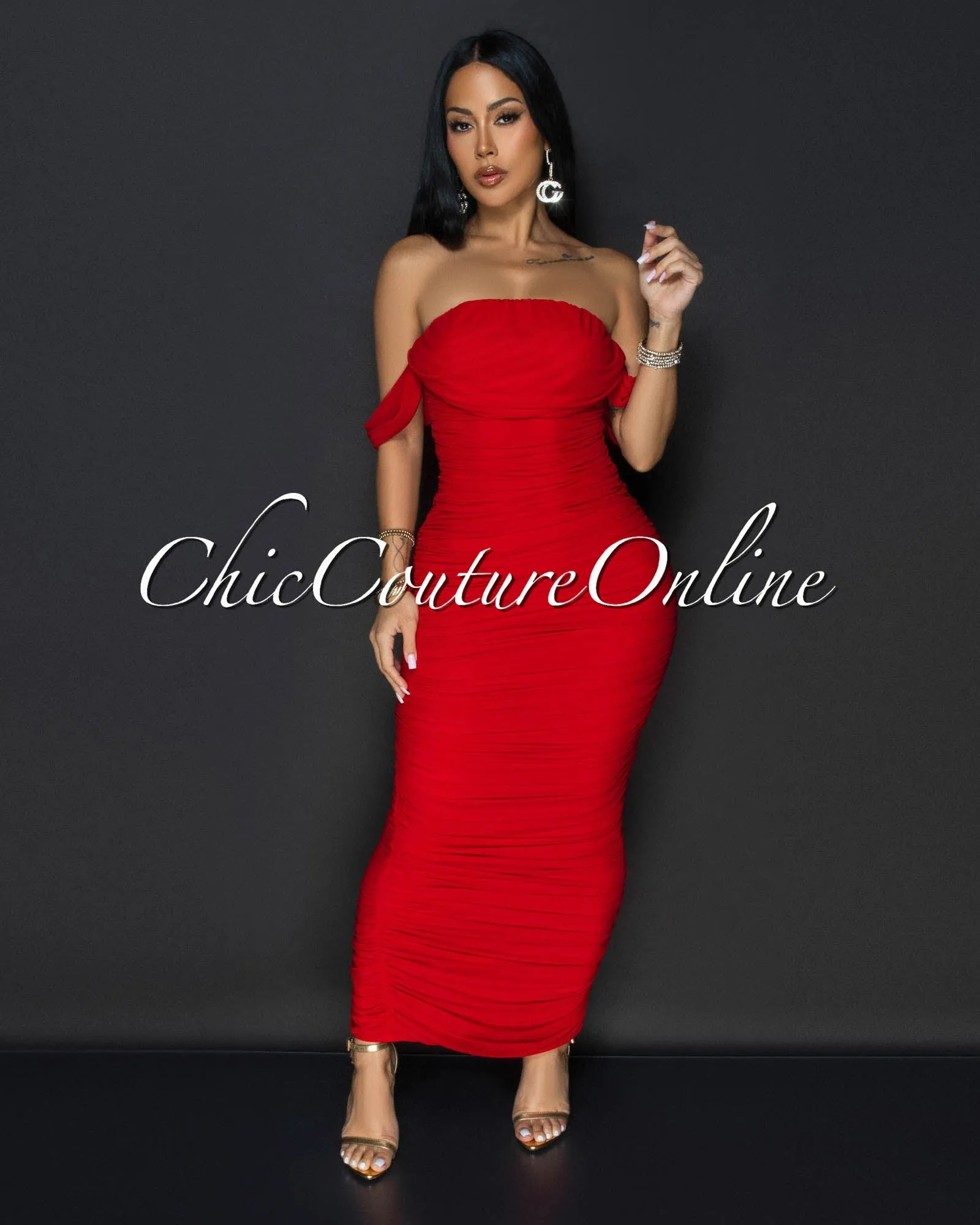 Vella Red Mesh Overlay Ruched Off-The Shoulder Dress sold by Chic Couture product image thumbnail 3
