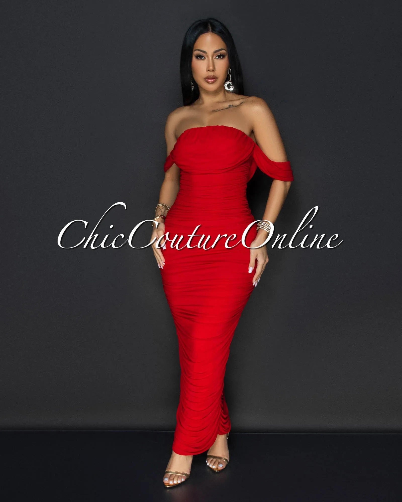 Vella Red Mesh Overlay Ruched Off-The Shoulder Dress sold by Chic Couture
