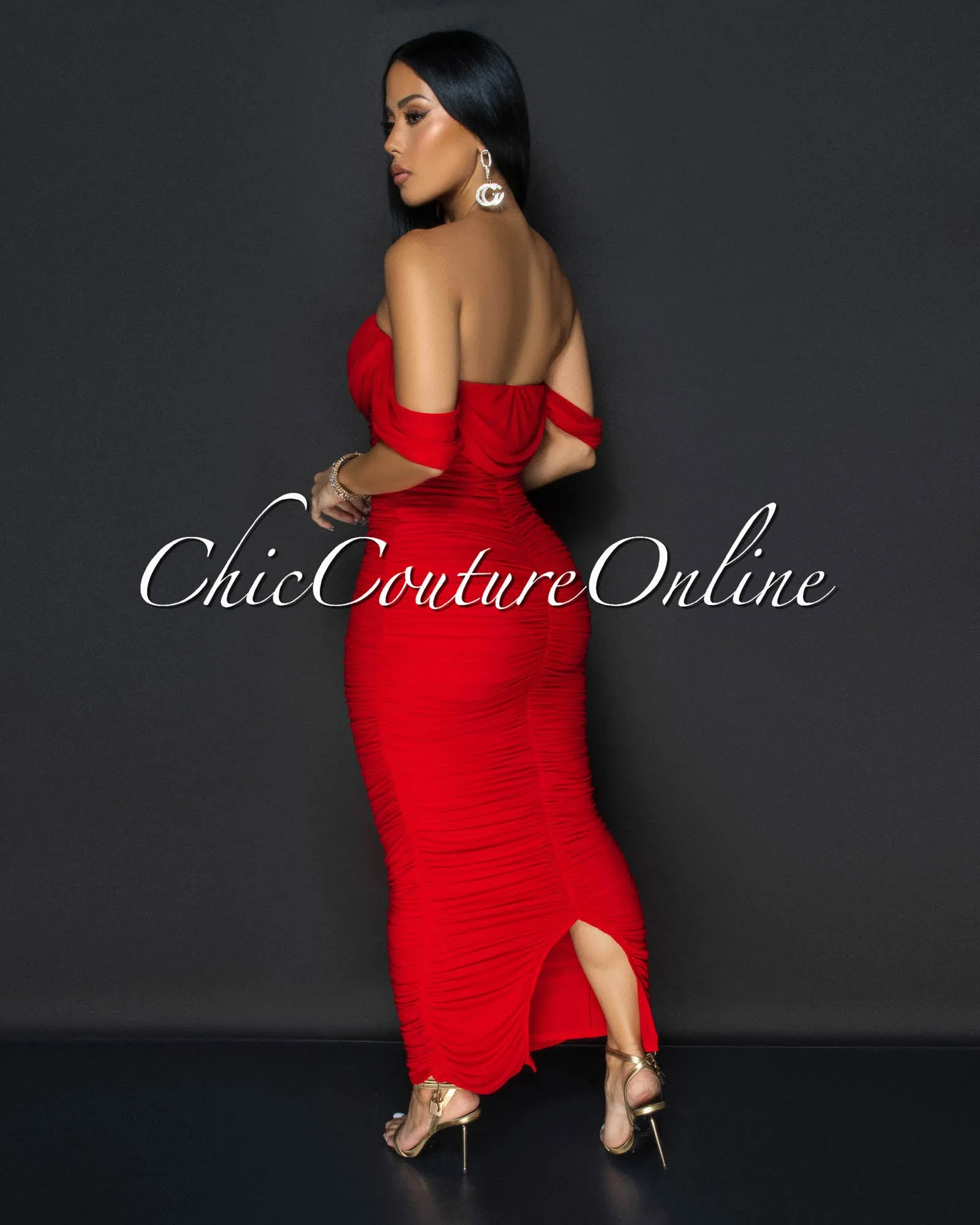 Vella Red Mesh Overlay Ruched Off-The Shoulder Dress sold by Chic Couture product image thumbnail 4