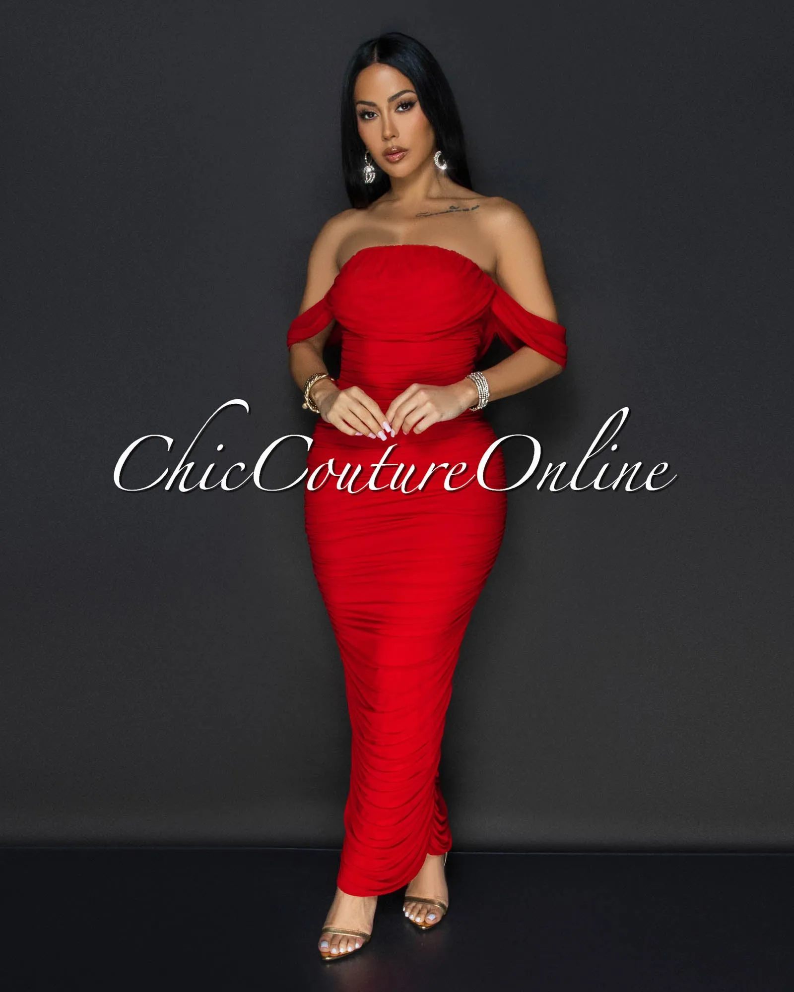Vella Red Mesh Overlay Ruched Off-The Shoulder Dress sold by Chic Couture product image thumbnail 2