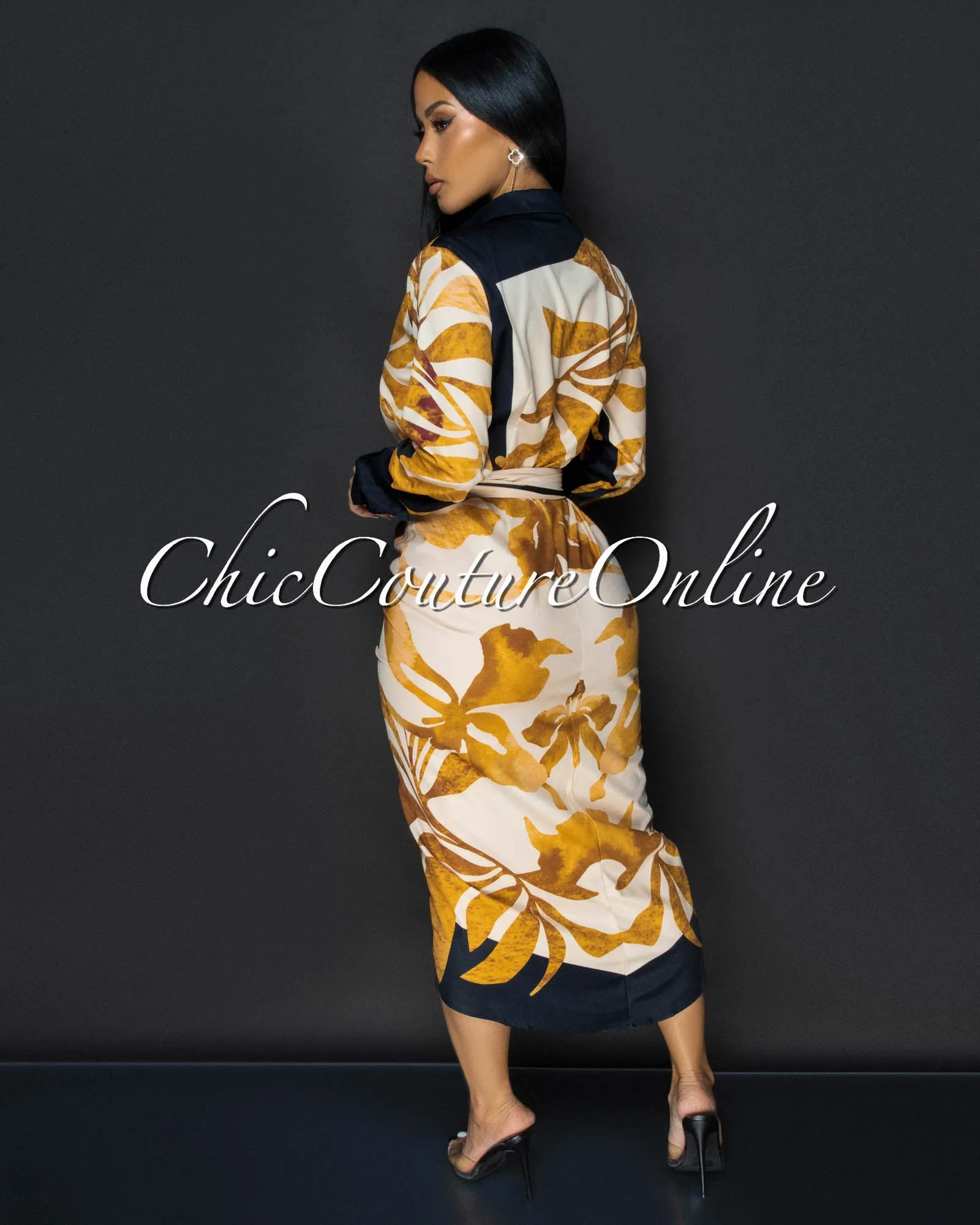 Jenny Black Yellow Gold Print Midi Dress sold by Chic Couture product image thumbnail 4