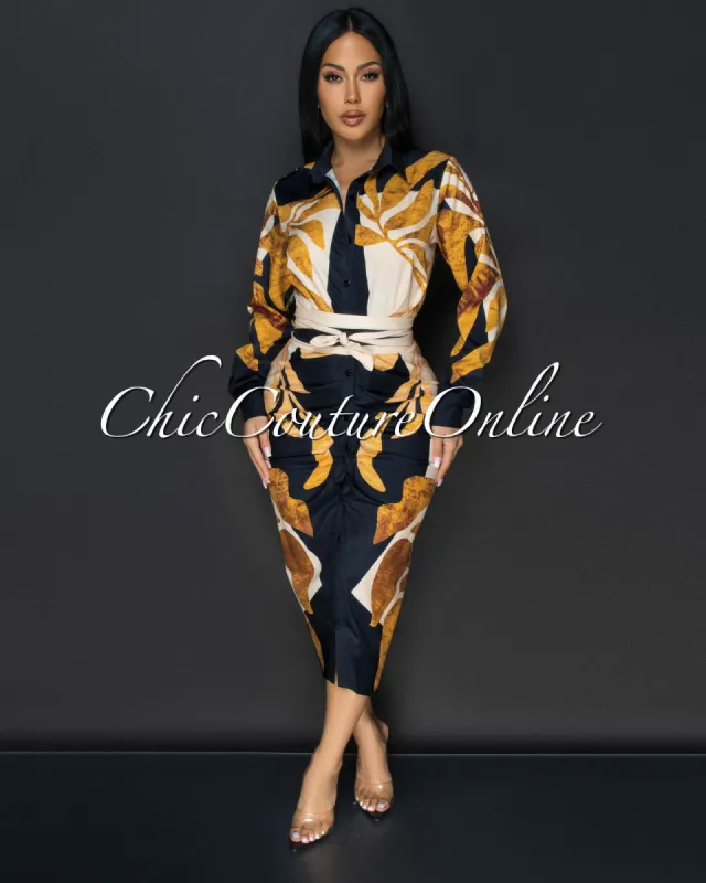 Jenny Black Yellow Gold Print Midi Dress sold by Chic Couture