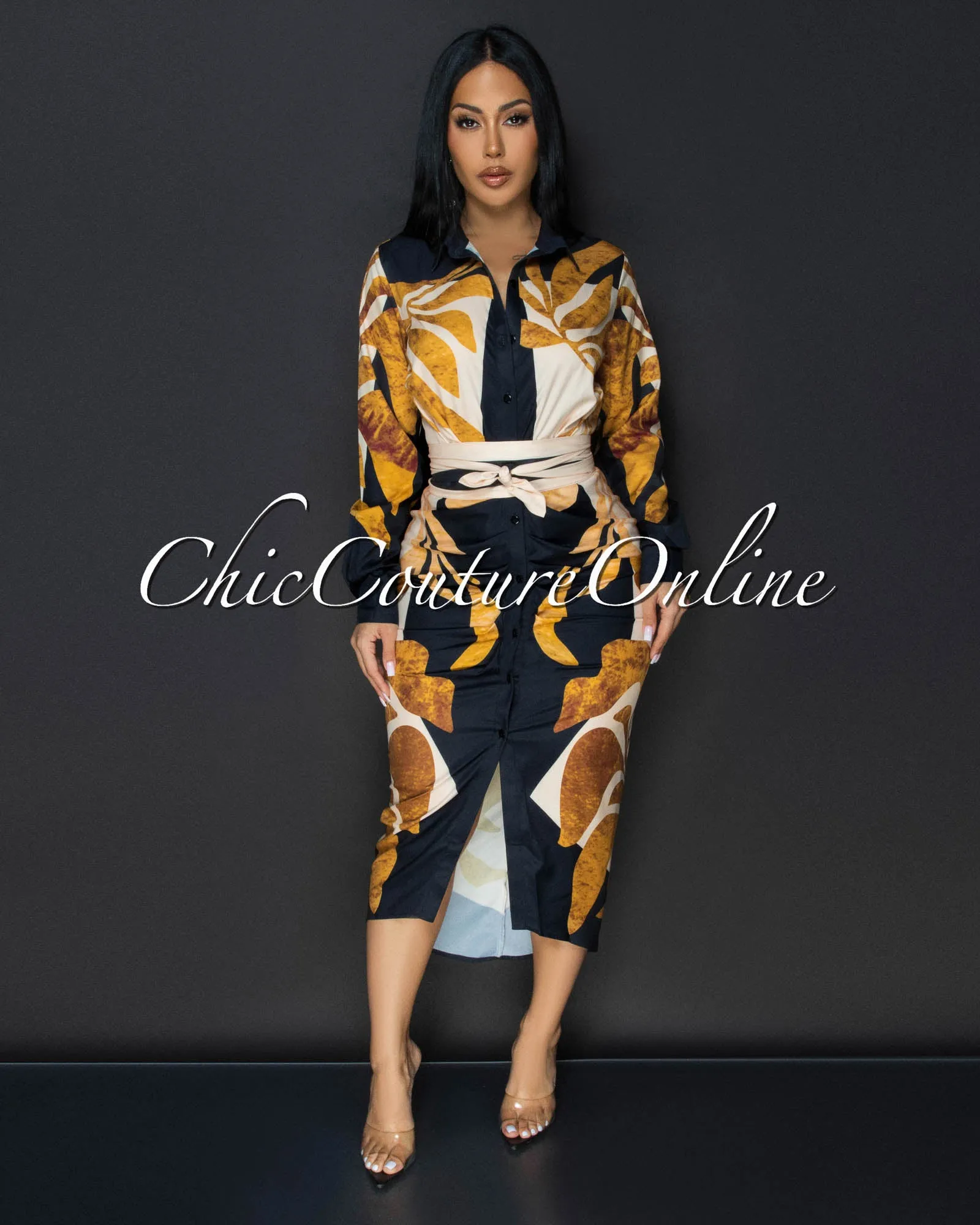 Jenny Black Yellow Gold Print Midi Dress sold by Chic Couture product image thumbnail 3