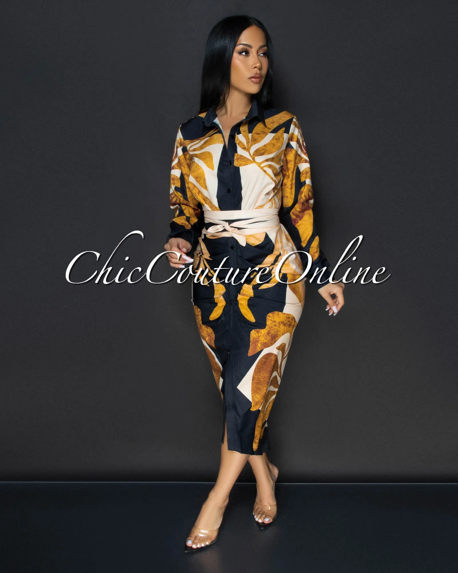 Jenny Black Yellow Gold Print Midi Dress sold by Chic Couture product image thumbnail 2