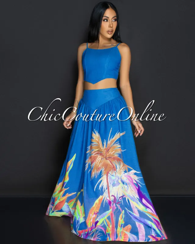 Roza Blue Floral Bustier & Maxi Skirt Set sold by Chic Couture
