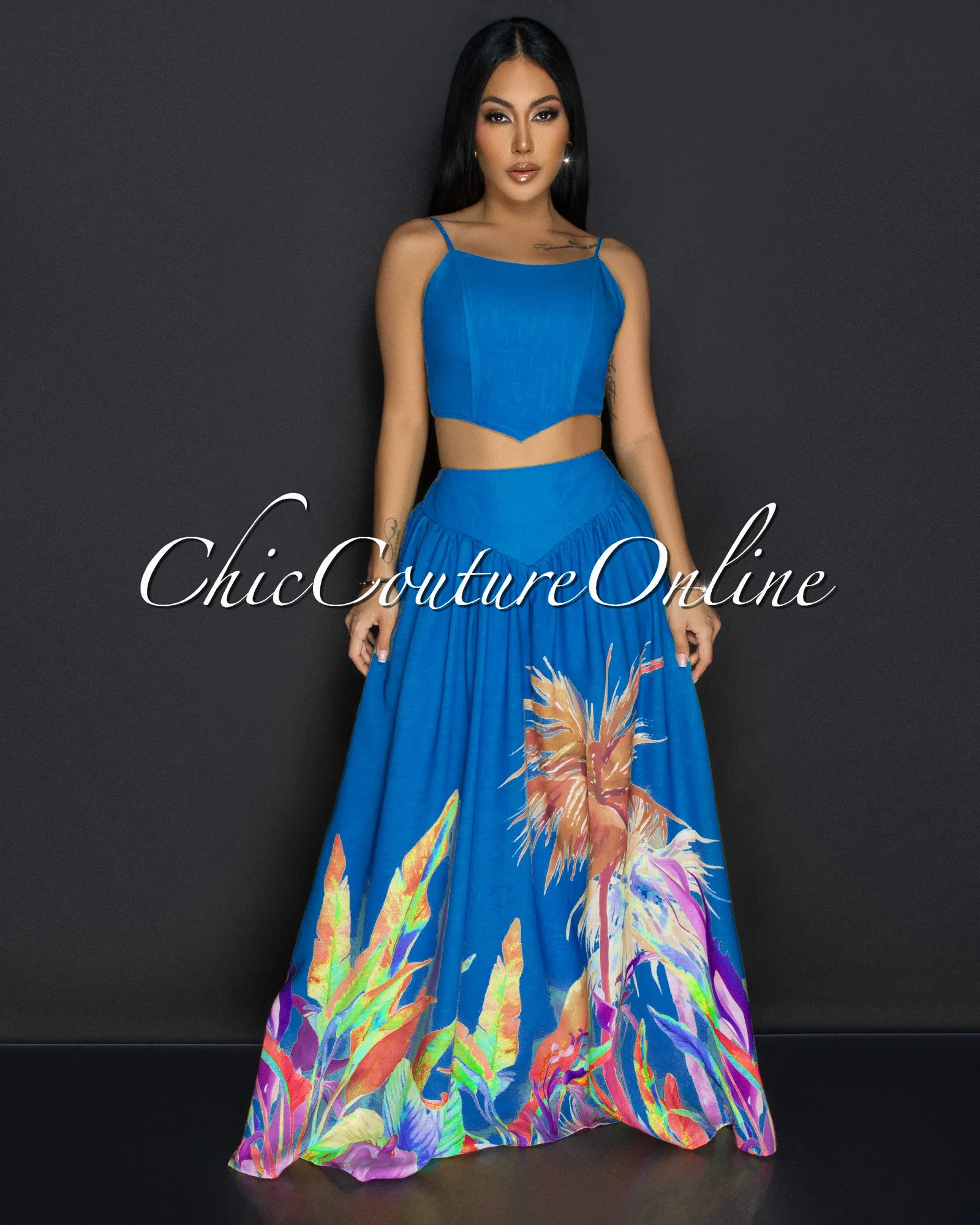 Roza Blue Floral Bustier & Maxi Skirt Set sold by Chic Couture product image thumbnail 2
