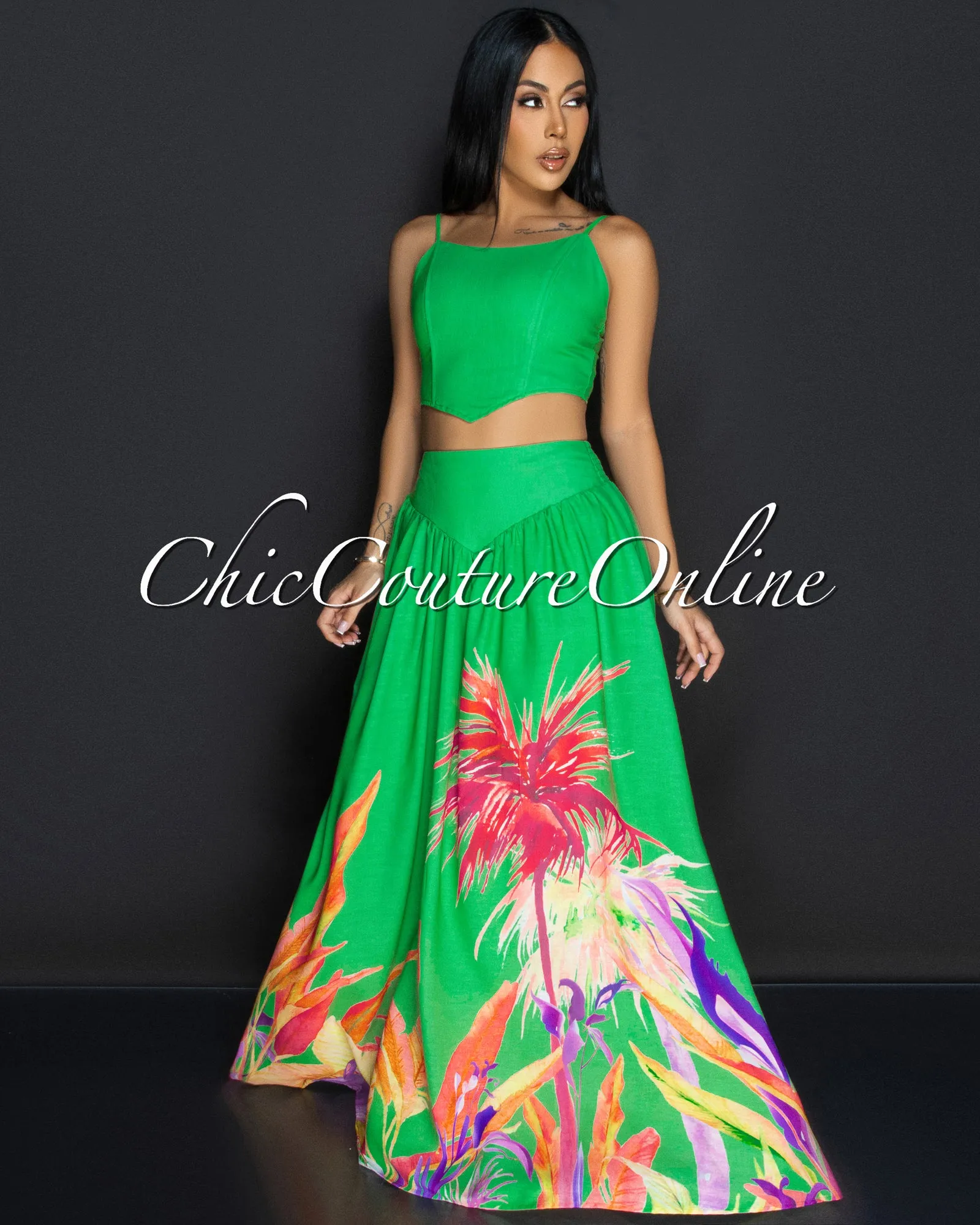 Roza Kelly-Green Floral Bustier & Maxi Skirt Set sold by Chic Couture product image thumbnail 3