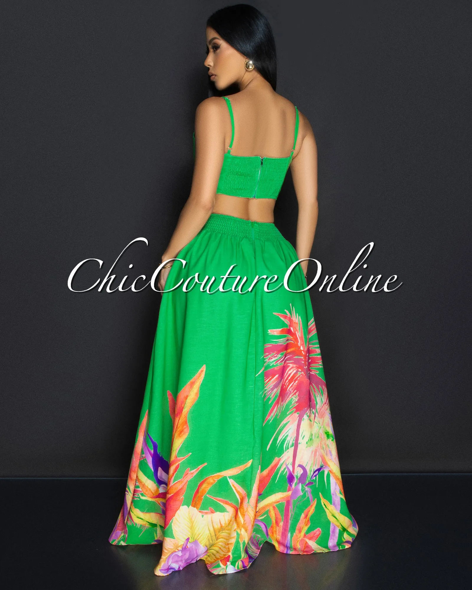 Roza Kelly-Green Floral Bustier & Maxi Skirt Set sold by Chic Couture product image thumbnail 4