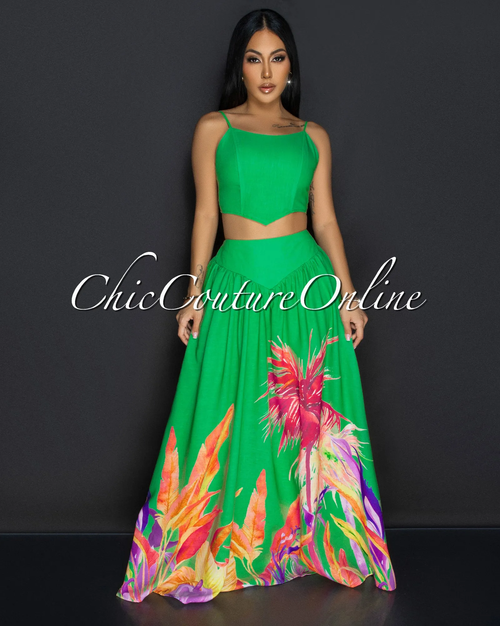 Roza Kelly-Green Floral Bustier & Maxi Skirt Set sold by Chic Couture