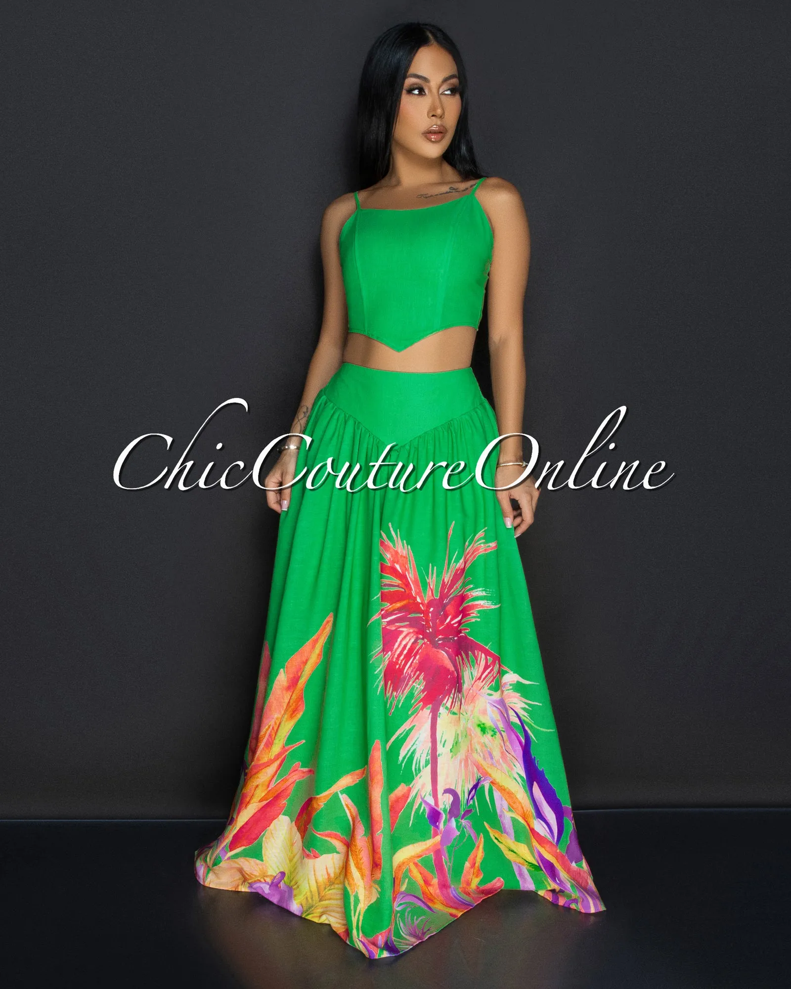 Roza Kelly-Green Floral Bustier & Maxi Skirt Set sold by Chic Couture product image thumbnail 2