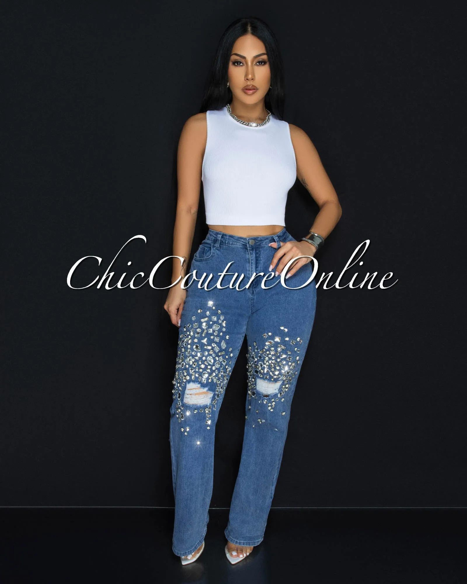 Supernova Blue Denim Rhinestones Accent Jeans sold by Chic Couture