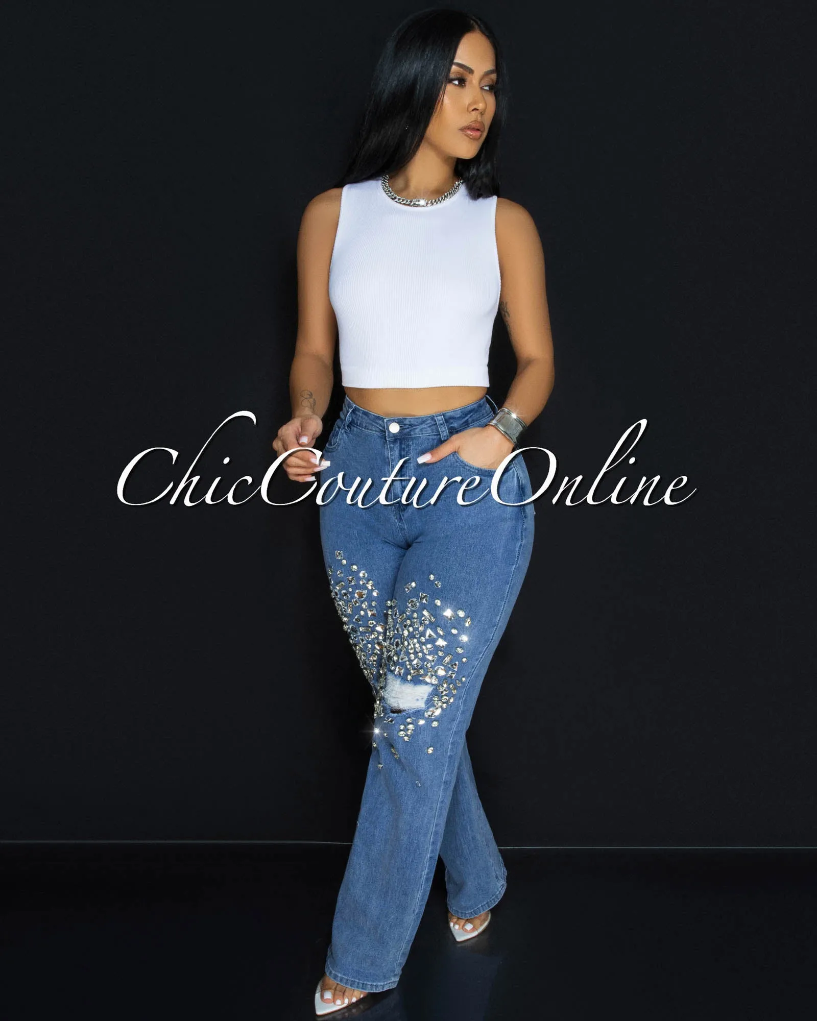 Supernova Blue Denim Rhinestones Accent Jeans sold by Chic Couture product image thumbnail 3