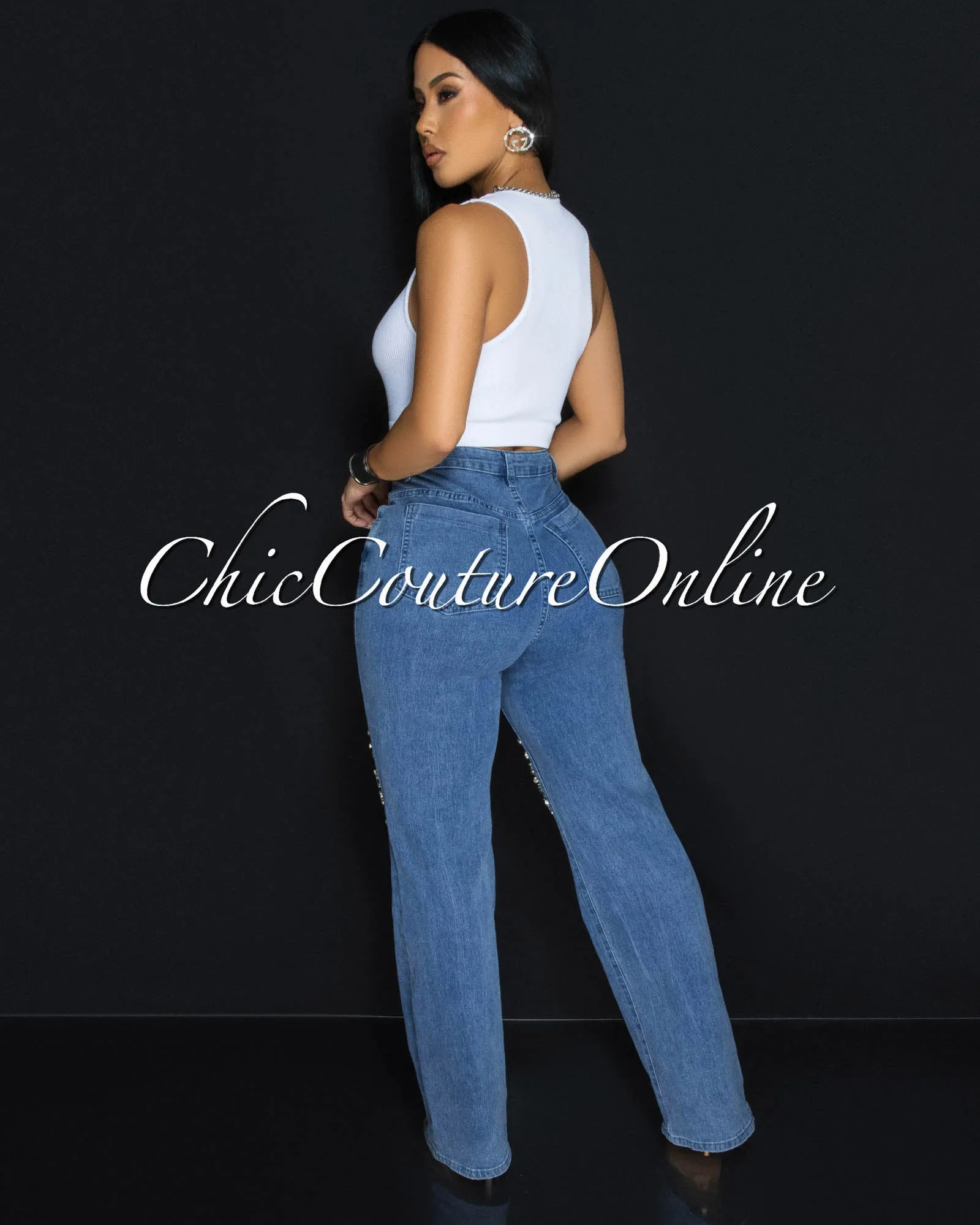 Supernova Blue Denim Rhinestones Accent Jeans sold by Chic Couture product image thumbnail 4