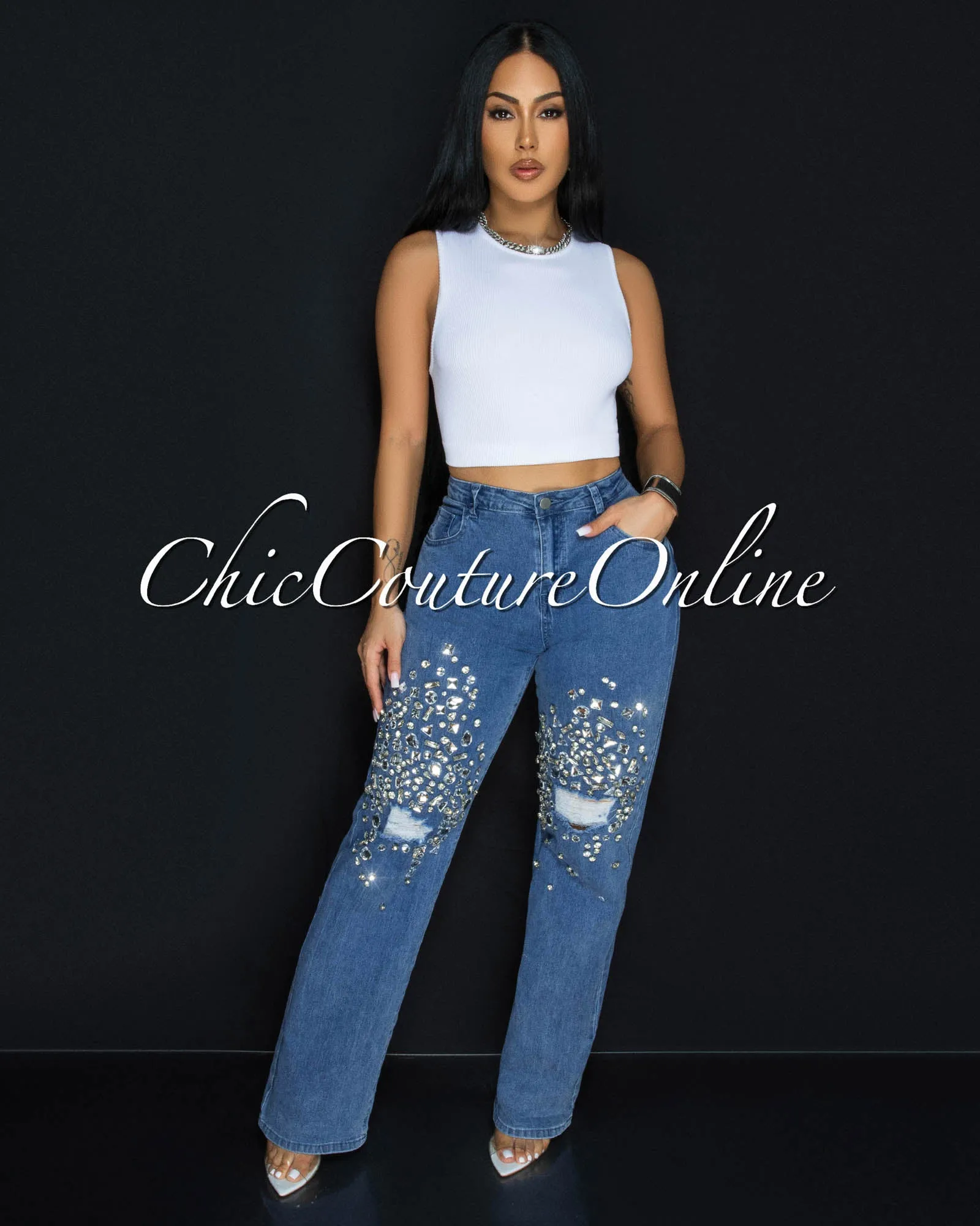 Supernova Blue Denim Rhinestones Accent Jeans sold by Chic Couture product image thumbnail 2