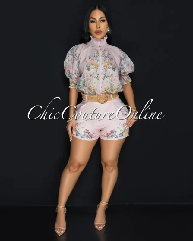 Loxana Blush Floral Print Top & Belted Shorts Set sold by Chic Couture