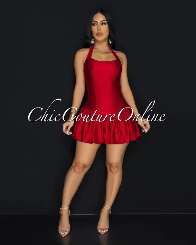 Goya Burgundy Bubble Mini Halter Dress sold by Chic Couture