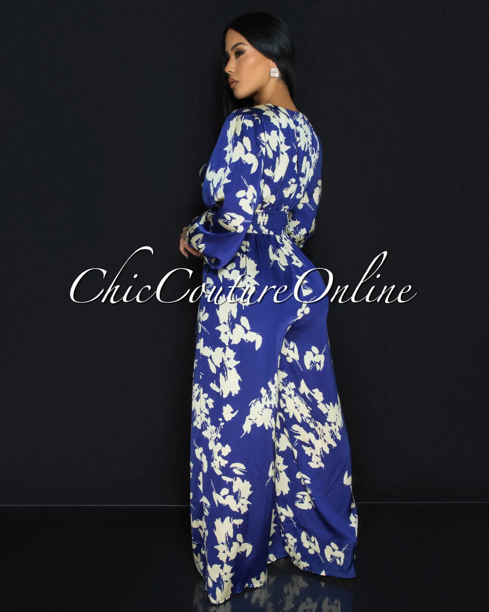 Foxxy Blue Cream Floral Silky Wide Legs Jumpsuit sold by Chic Couture product image thumbnail 3
