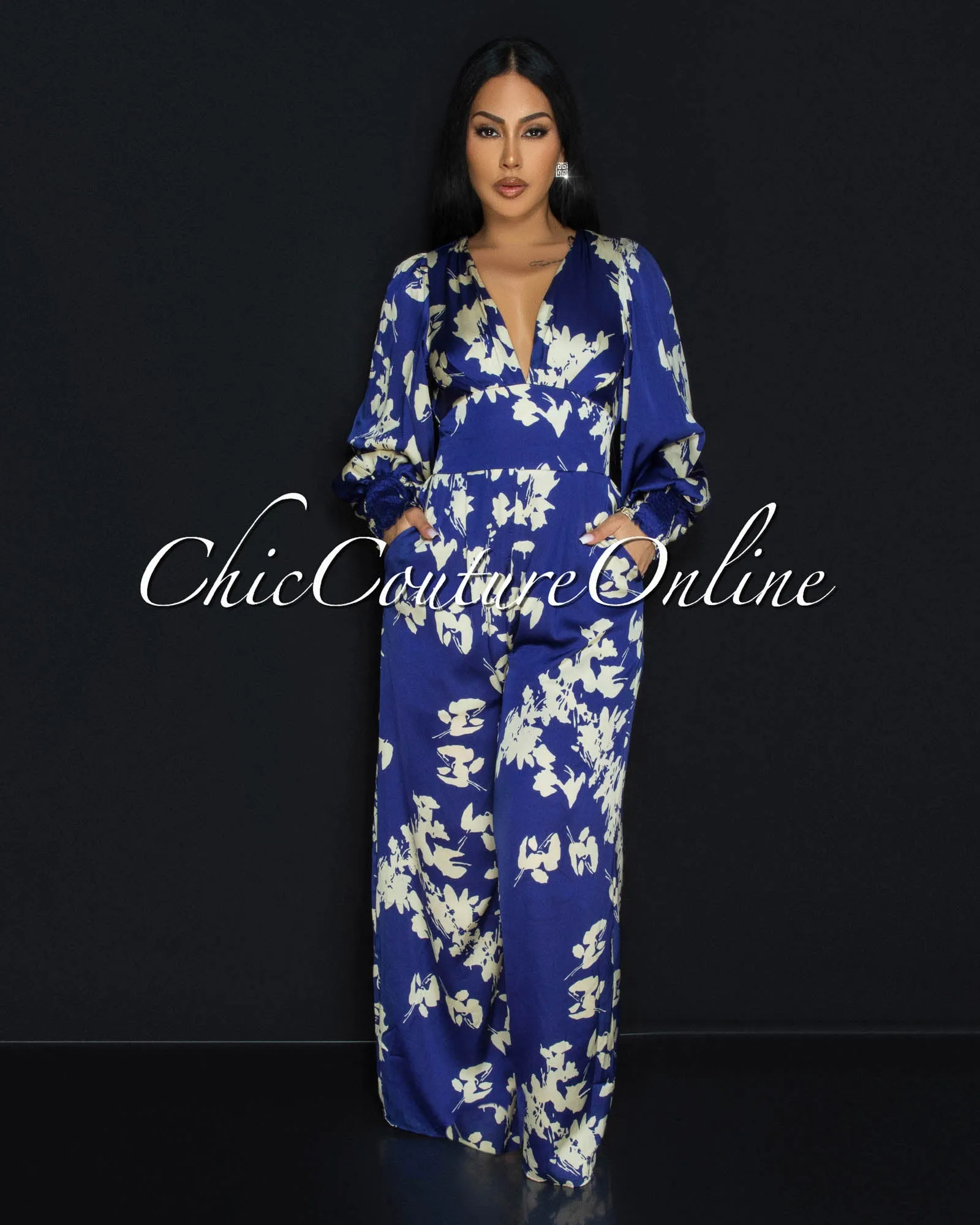 Foxxy Blue Cream Floral Silky Wide Legs Jumpsuit sold by Chic Couture product image thumbnail 2