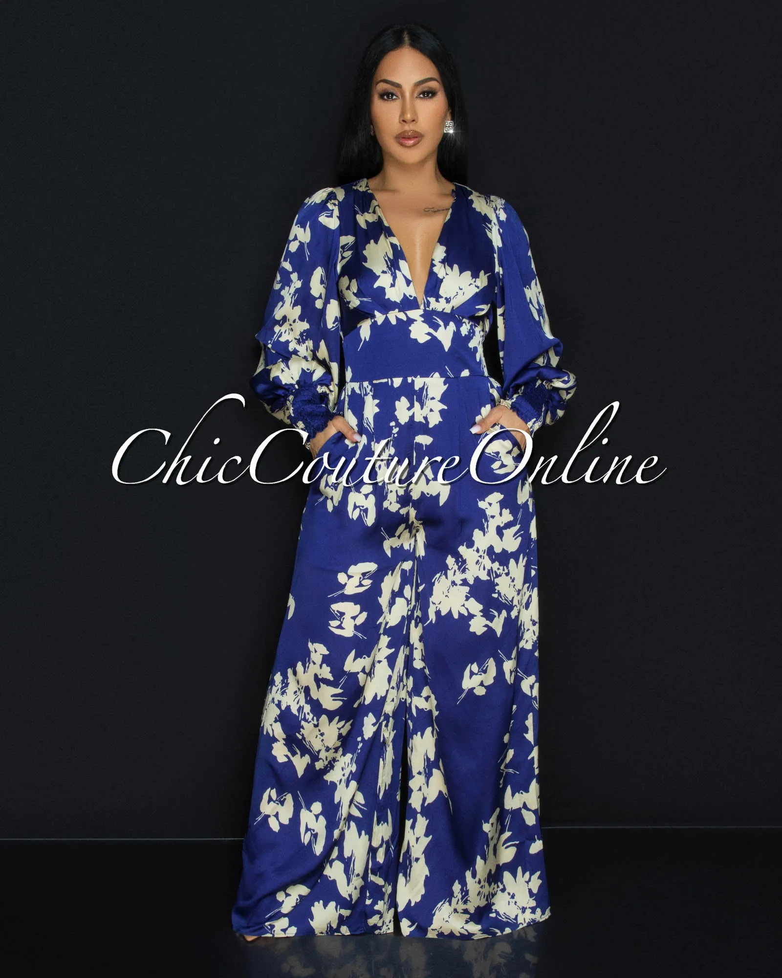 Foxxy Blue Cream Floral Silky Wide Legs Jumpsuit sold by Chic Couture