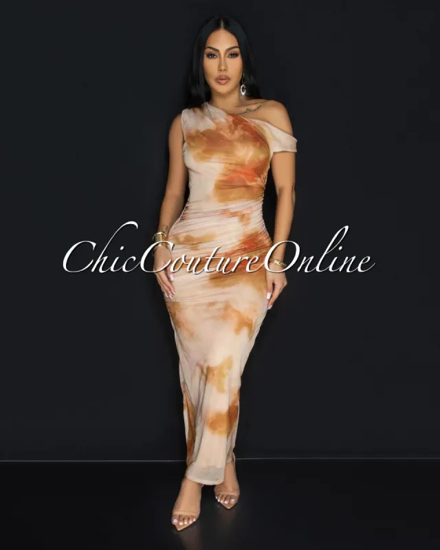 Lucelle Nude Multi-Color Mesh Maxi Dress sold by Chic Couture