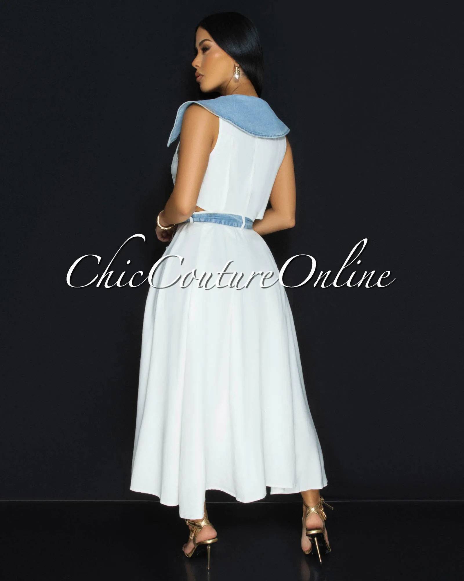 Sidora White Blue Denim Trim Gold Buttons Midi Dress sold by Chic Couture product image thumbnail 4