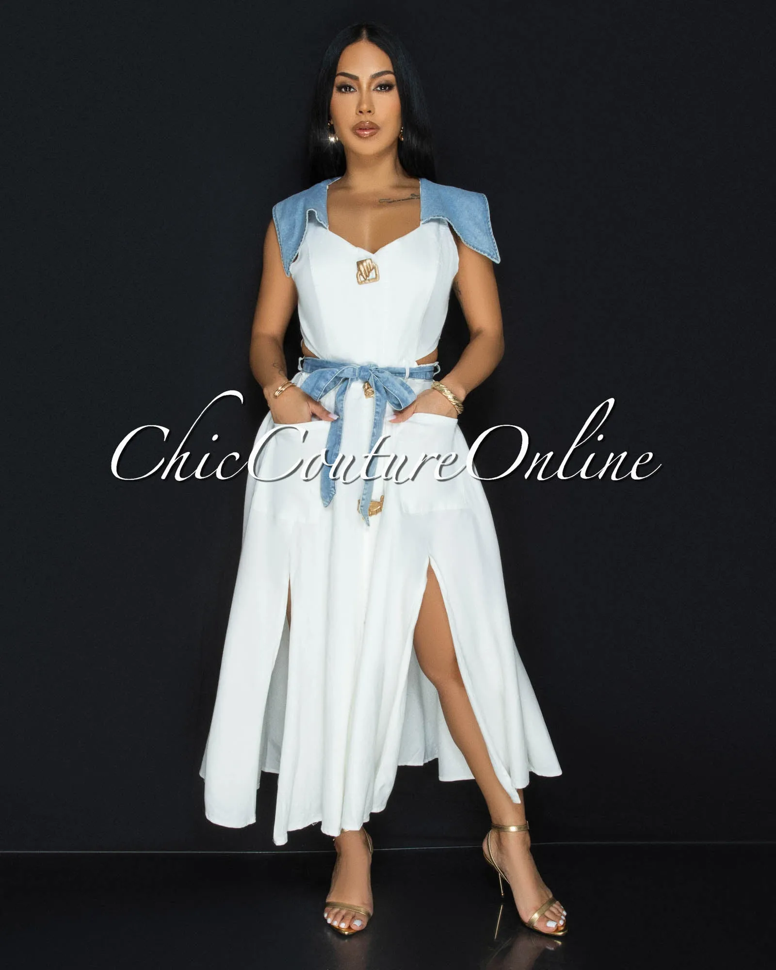 Sidora White Blue Denim Trim Gold Buttons Midi Dress sold by Chic Couture product image thumbnail 3