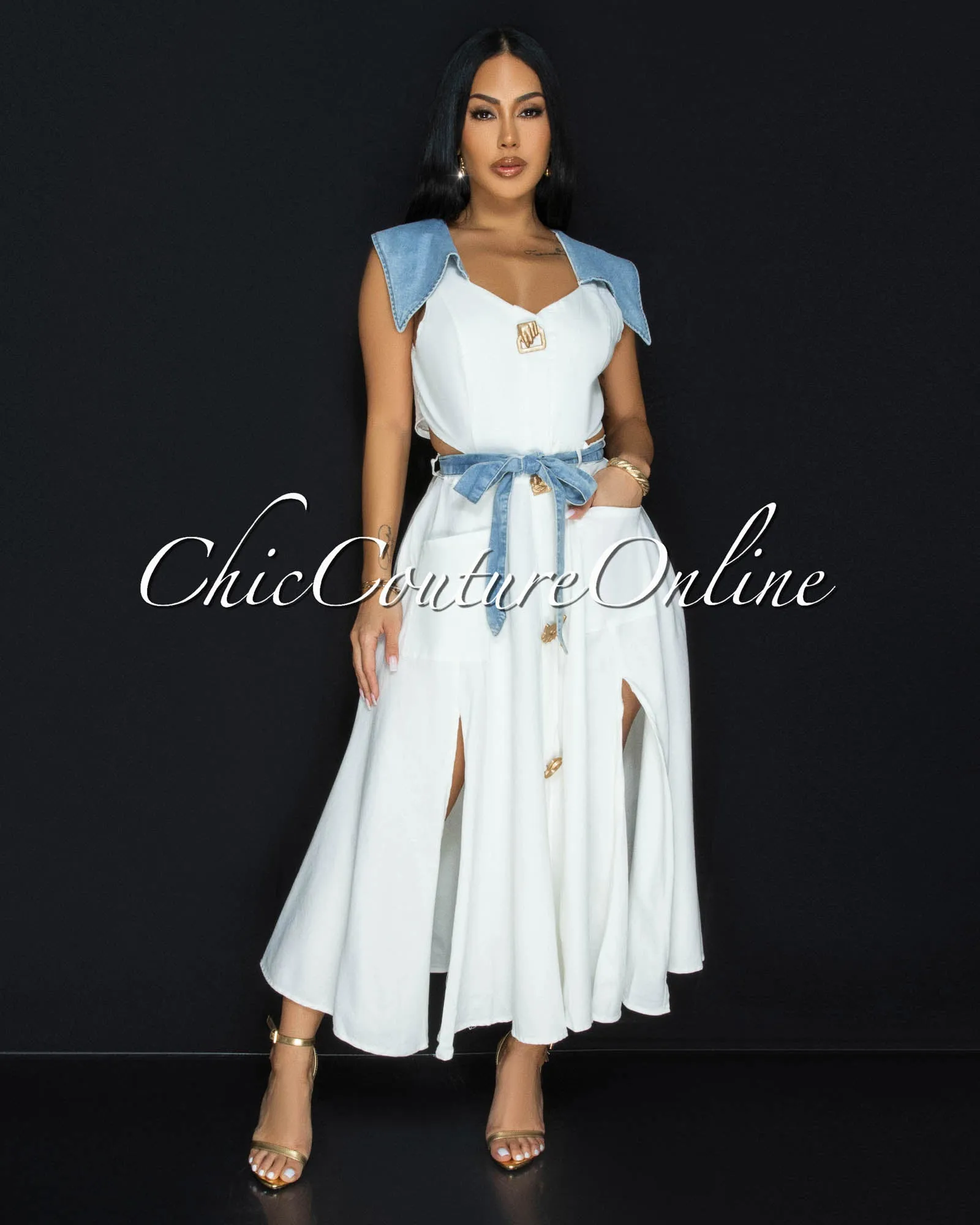 Sidora White Blue Denim Trim Gold Buttons Midi Dress sold by Chic Couture