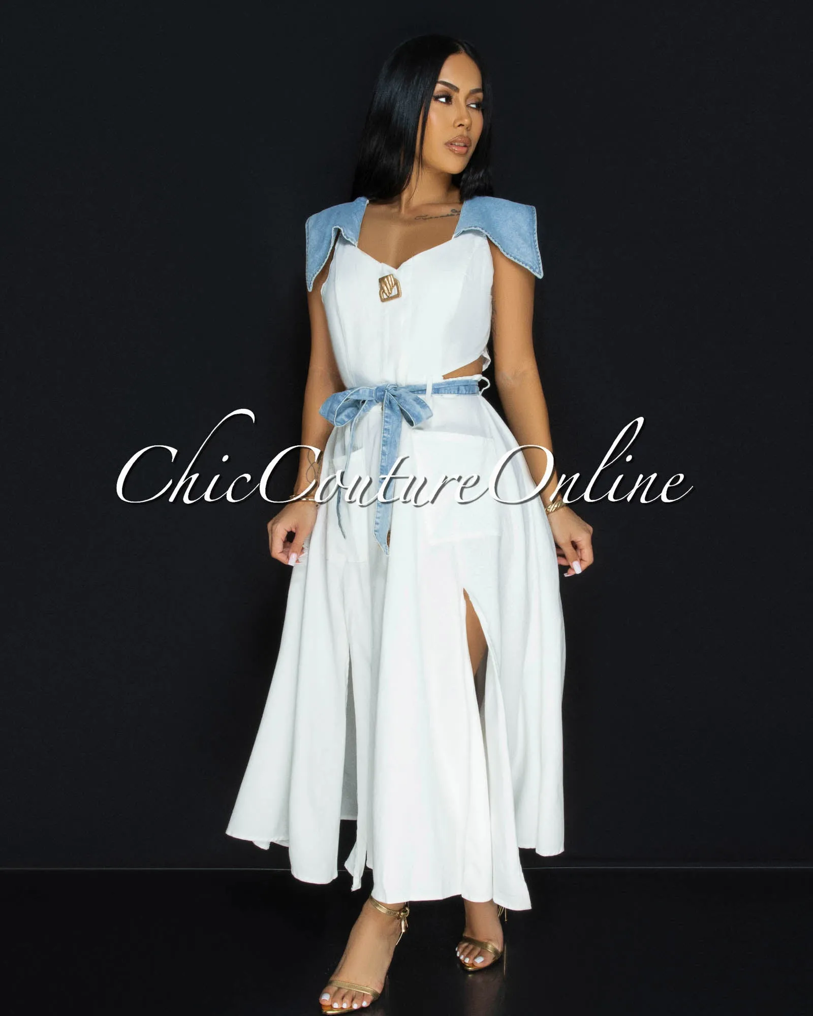 Sidora White Blue Denim Trim Gold Buttons Midi Dress sold by Chic Couture product image thumbnail 2