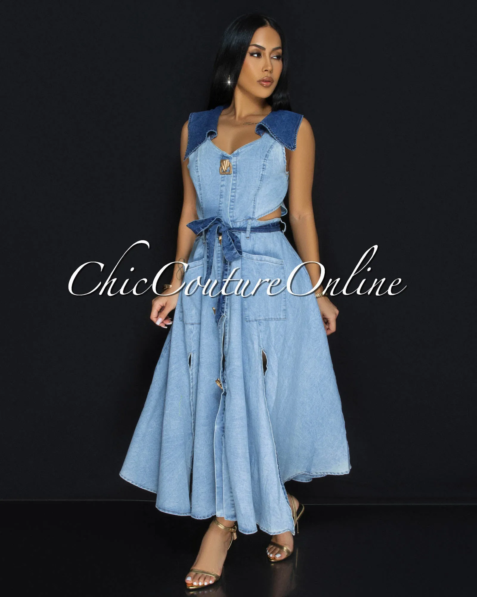 Sidora Light Blue Denim Gold Buttons Midi Dress sold by Chic Couture product image thumbnail 3