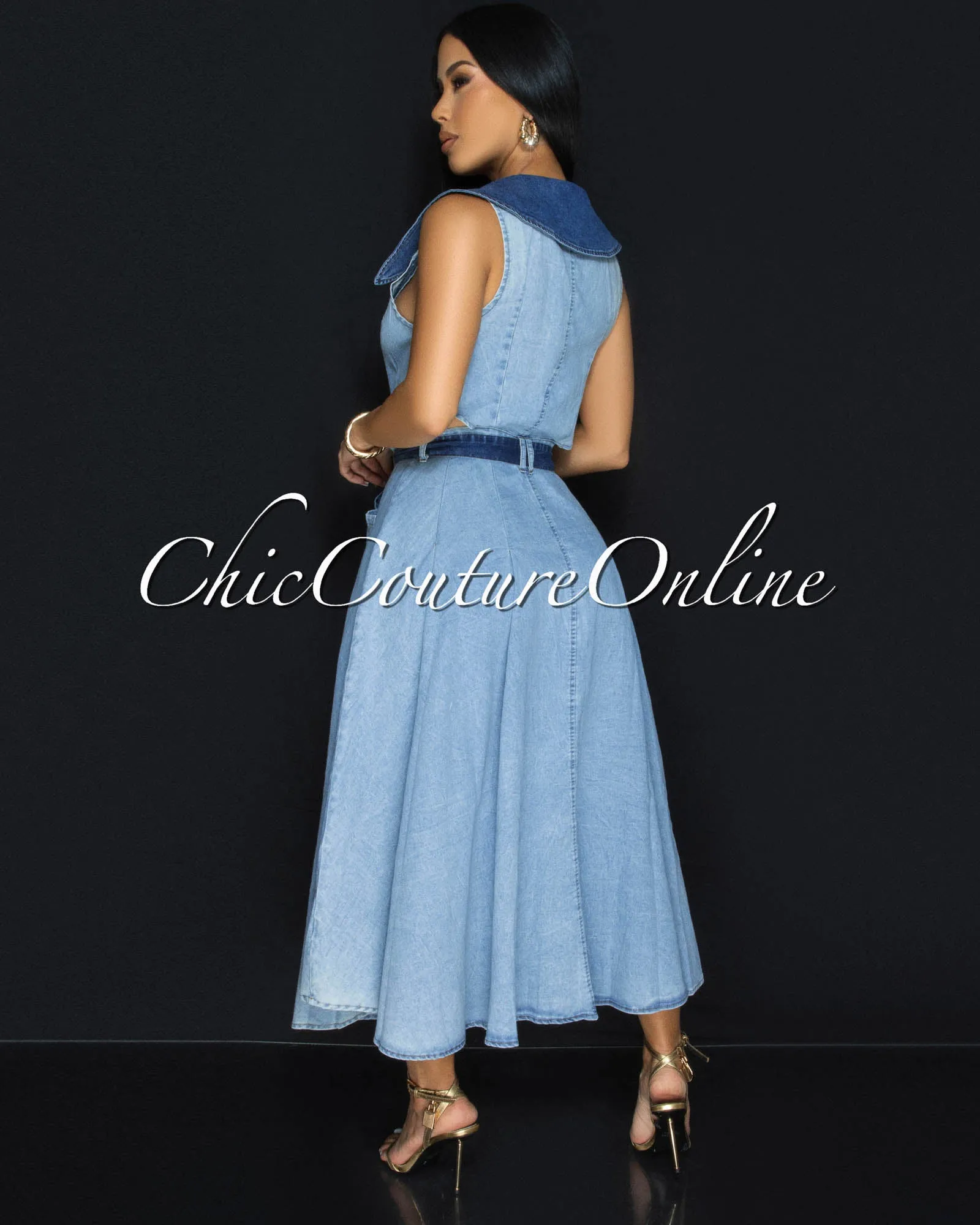 Sidora Light Blue Denim Gold Buttons Midi Dress sold by Chic Couture product image thumbnail 4