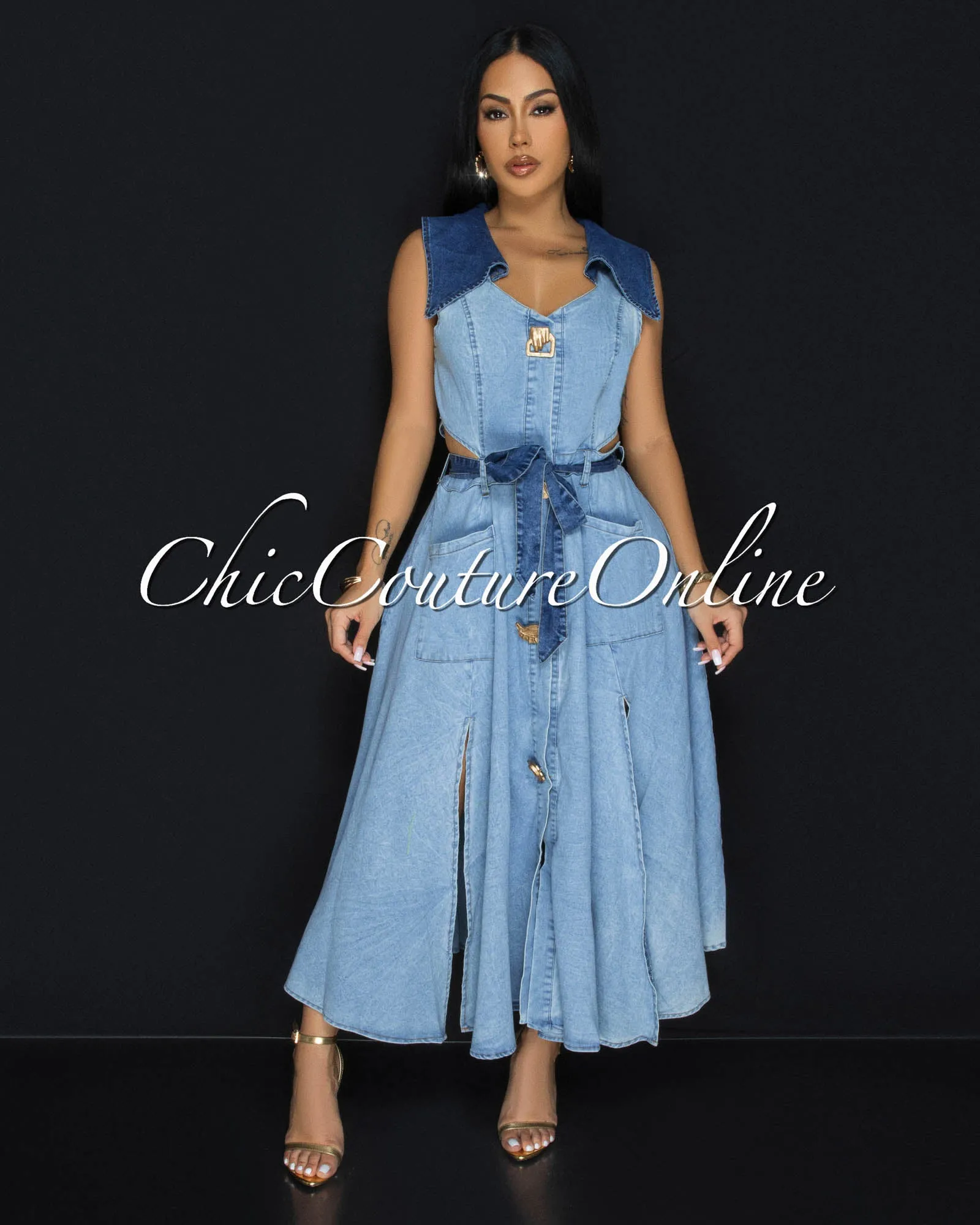 Sidora Light Blue Denim Gold Buttons Midi Dress sold by Chic Couture