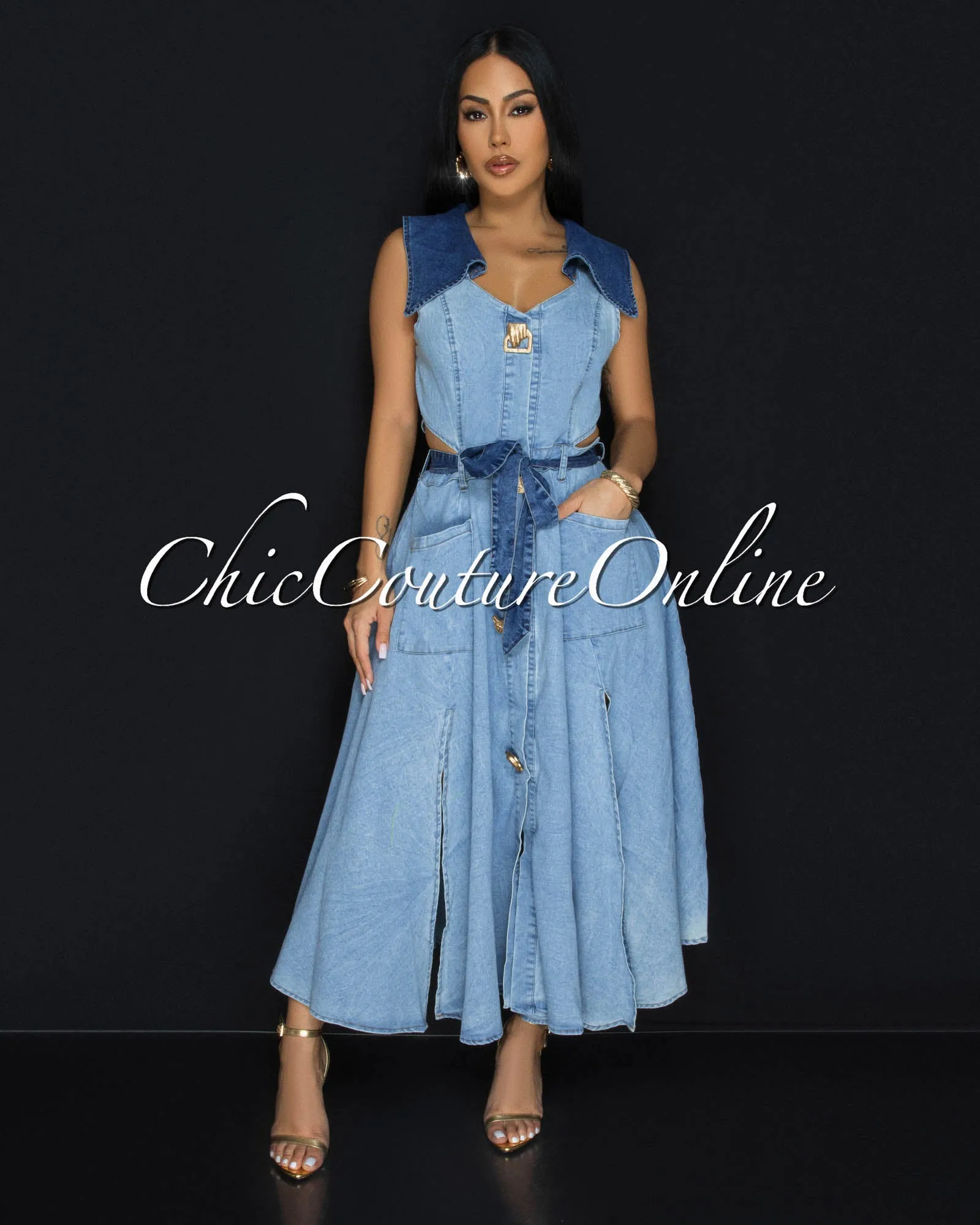 Sidora Light Blue Denim Gold Buttons Midi Dress sold by Chic Couture product image thumbnail 2