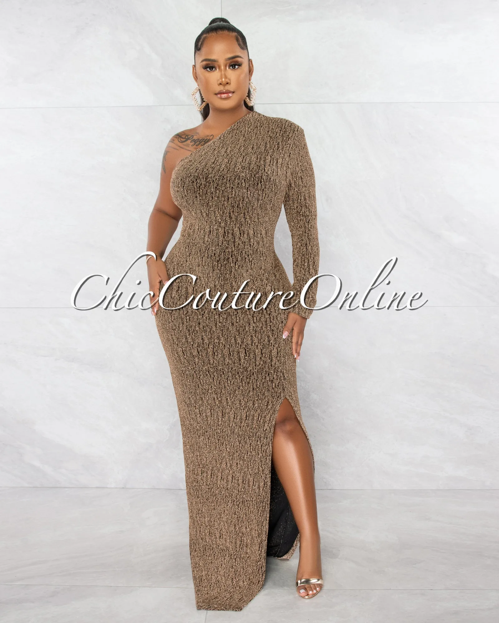 *Burt Black Gold Shimmer Single Long Sleeve Maxi Dress sold by Chic Couture