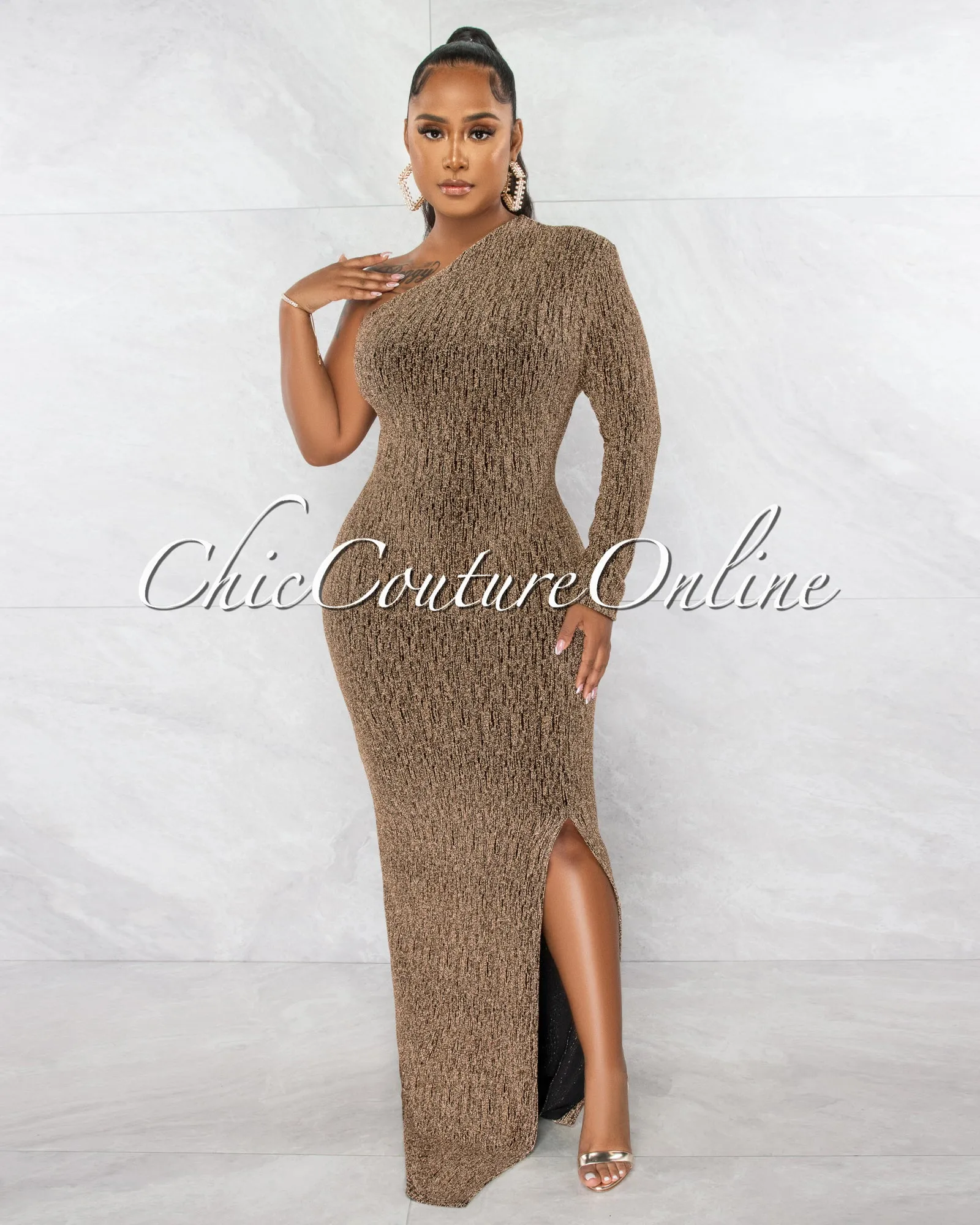 *Burt Black Gold Shimmer Single Long Sleeve Maxi Dress sold by Chic Couture product image thumbnail 2