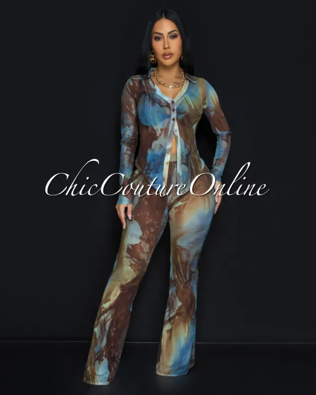 Rammy Brown Blue Mesh Details Top & Pants Set sold by Chic Couture