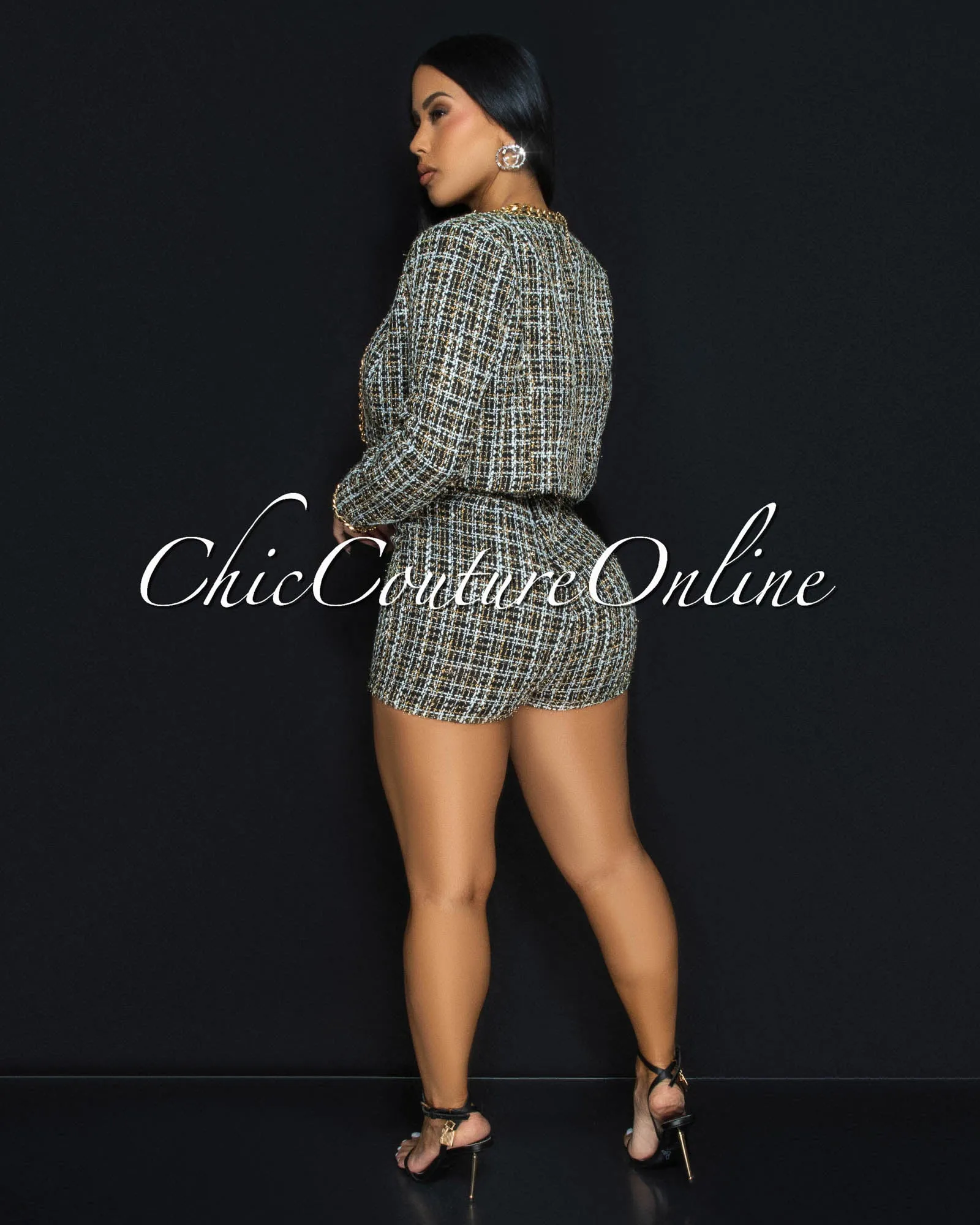Marcelley Black White Gold Link Tweed Romper w Jacket Set sold by Chic Couture product image thumbnail 4
