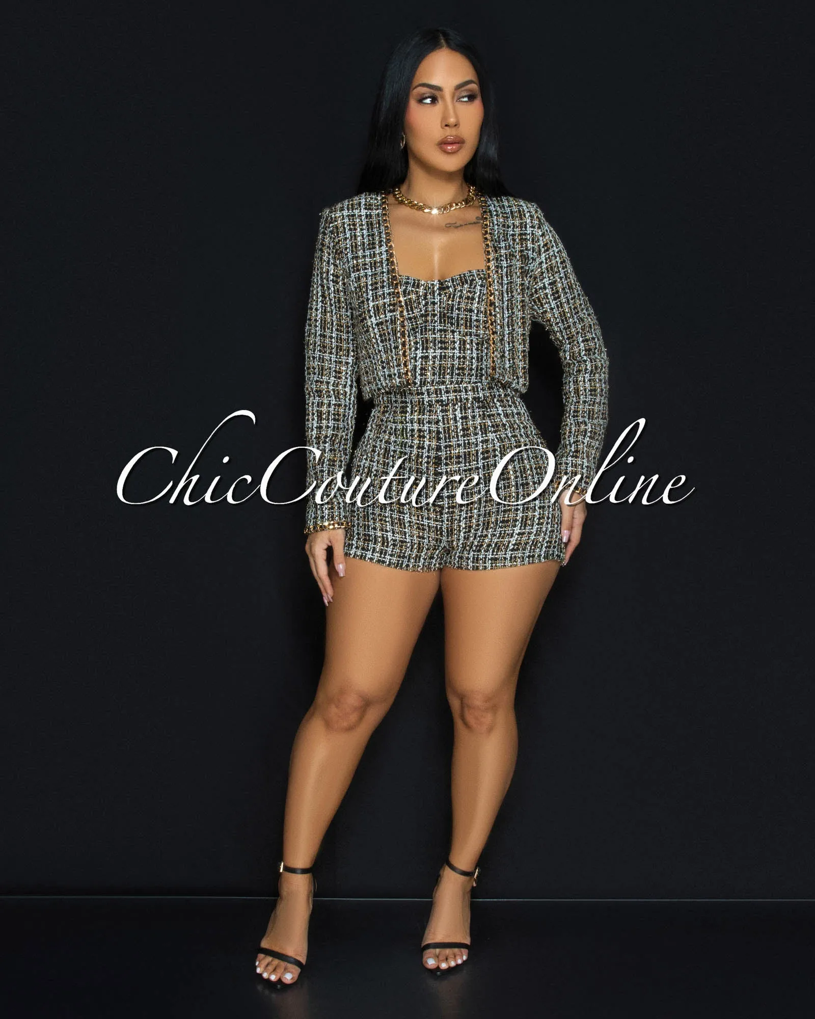 Marcelley Black White Gold Link Tweed Romper w Jacket Set sold by Chic Couture