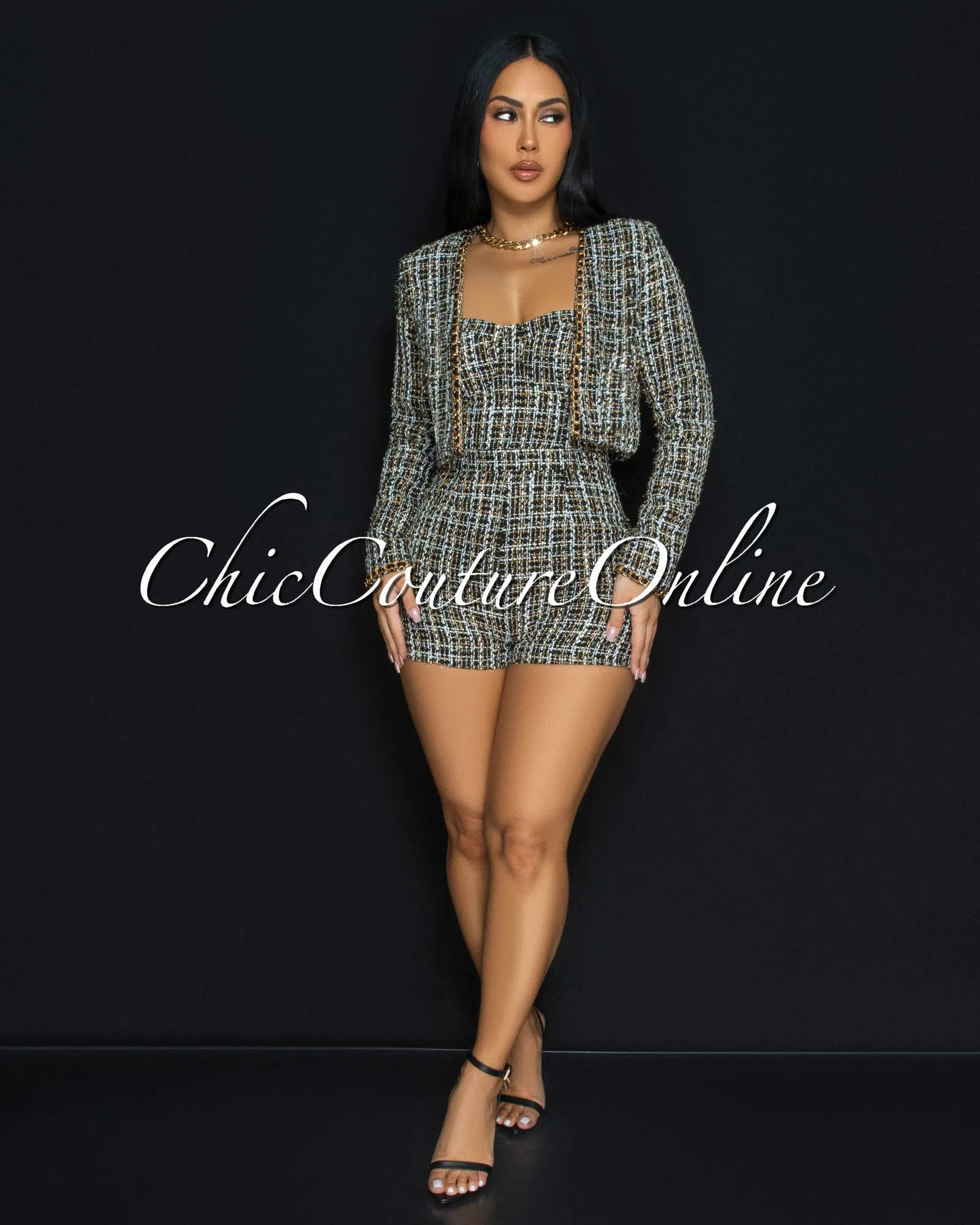 Marcelley Black White Gold Link Tweed Romper w Jacket Set sold by Chic Couture product image thumbnail 2