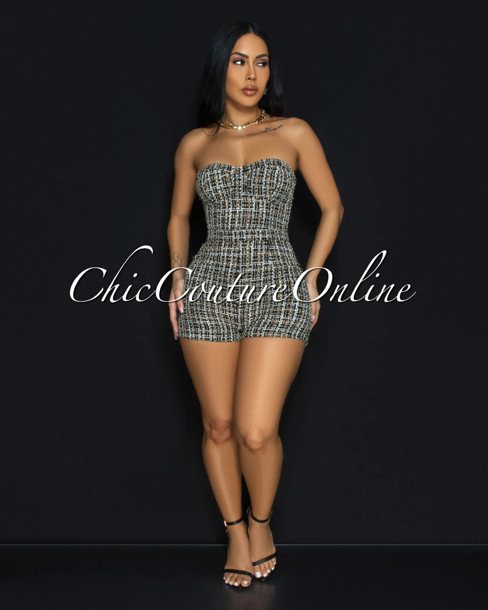 Marcelley Black White Gold Link Tweed Romper w Jacket Set sold by Chic Couture product image thumbnail 5