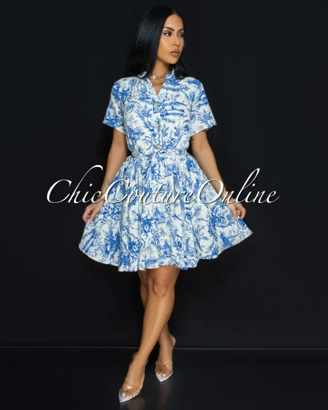 Forre Blue Off-White Print Skater Dress sold by Chic Couture